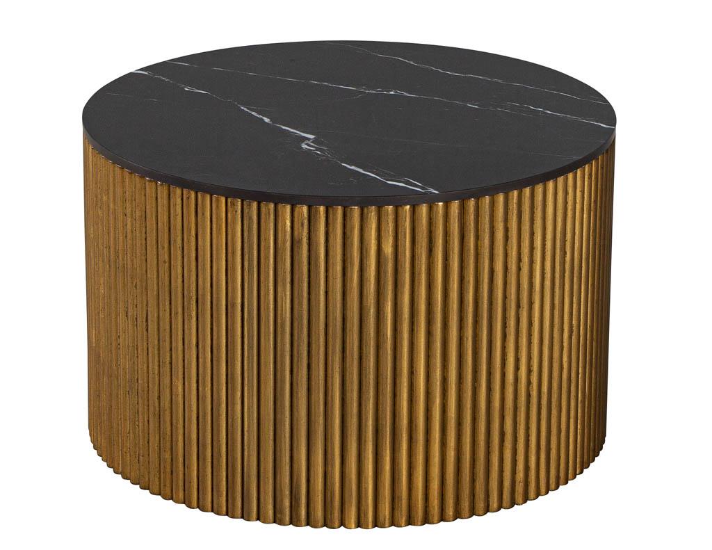 Modern Custom Round Porcelain Black and Gold Tambour Side Table For Sale