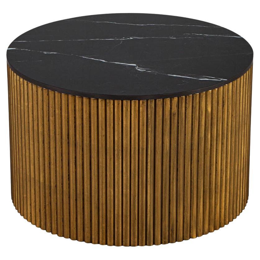 Custom Round Porcelain Black and Gold Tambour Side Table For Sale
