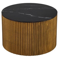 Custom Round Porcelain Black and Gold Tambour Side Table