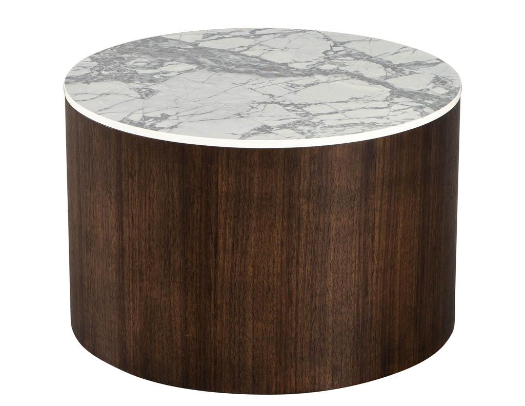 Contemporary Custom Round Porcelain Walnut Side Table For Sale