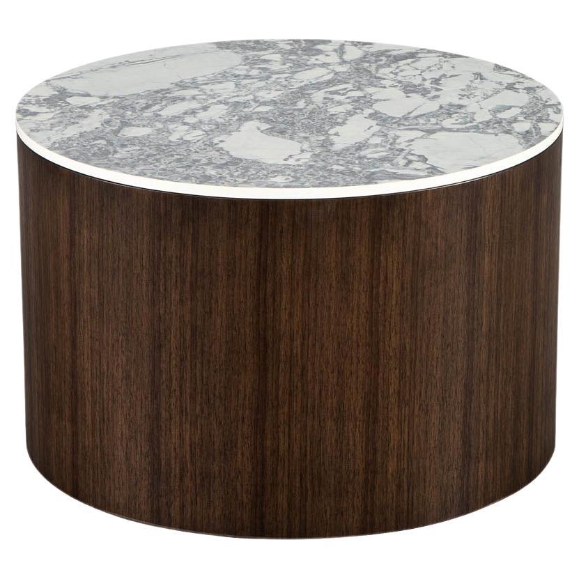 Custom Round Porcelain Walnut Side Table For Sale