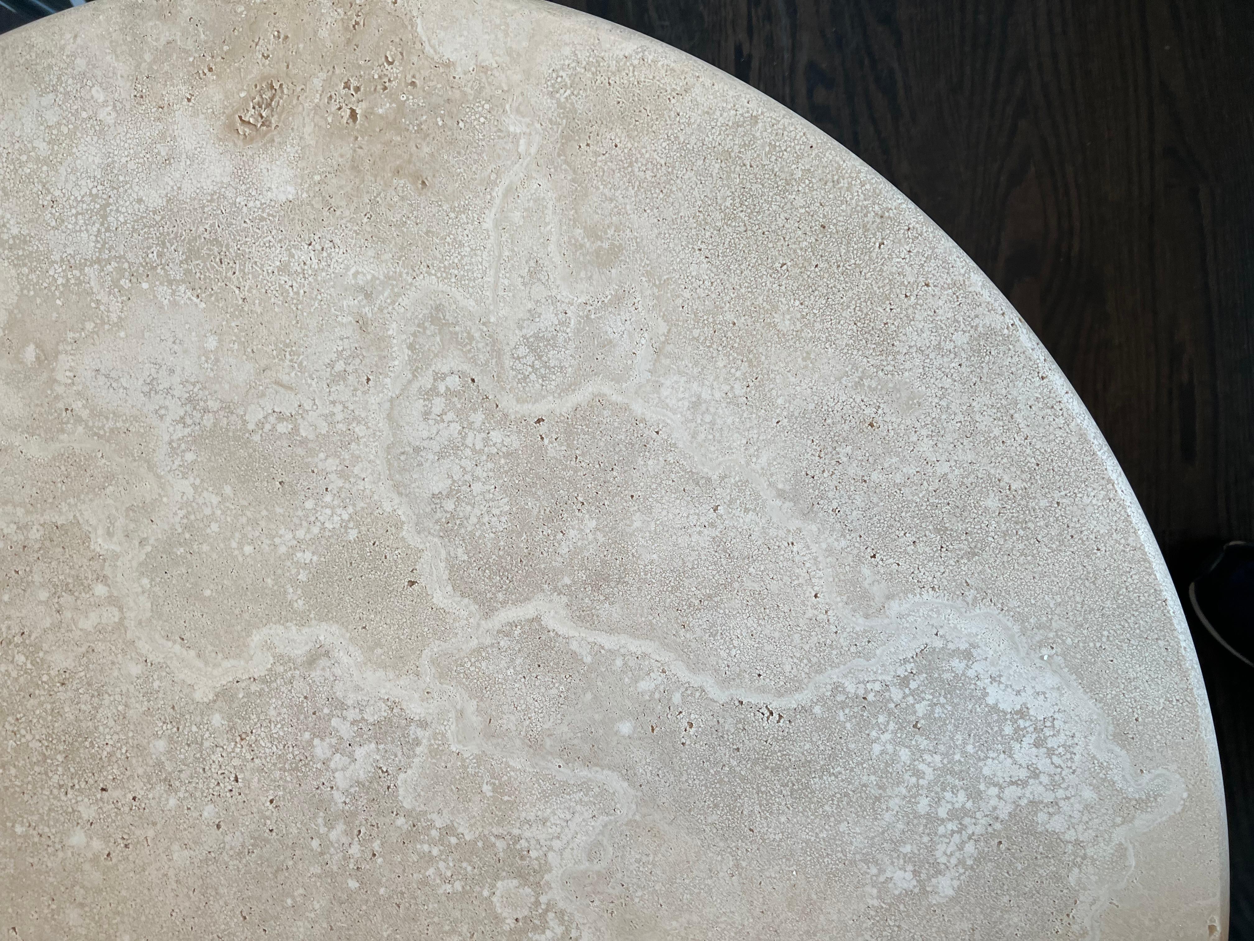 Round Roman travertine coffee table by Le Lampade.
Available now. This table can be totally custom. Measures: 35