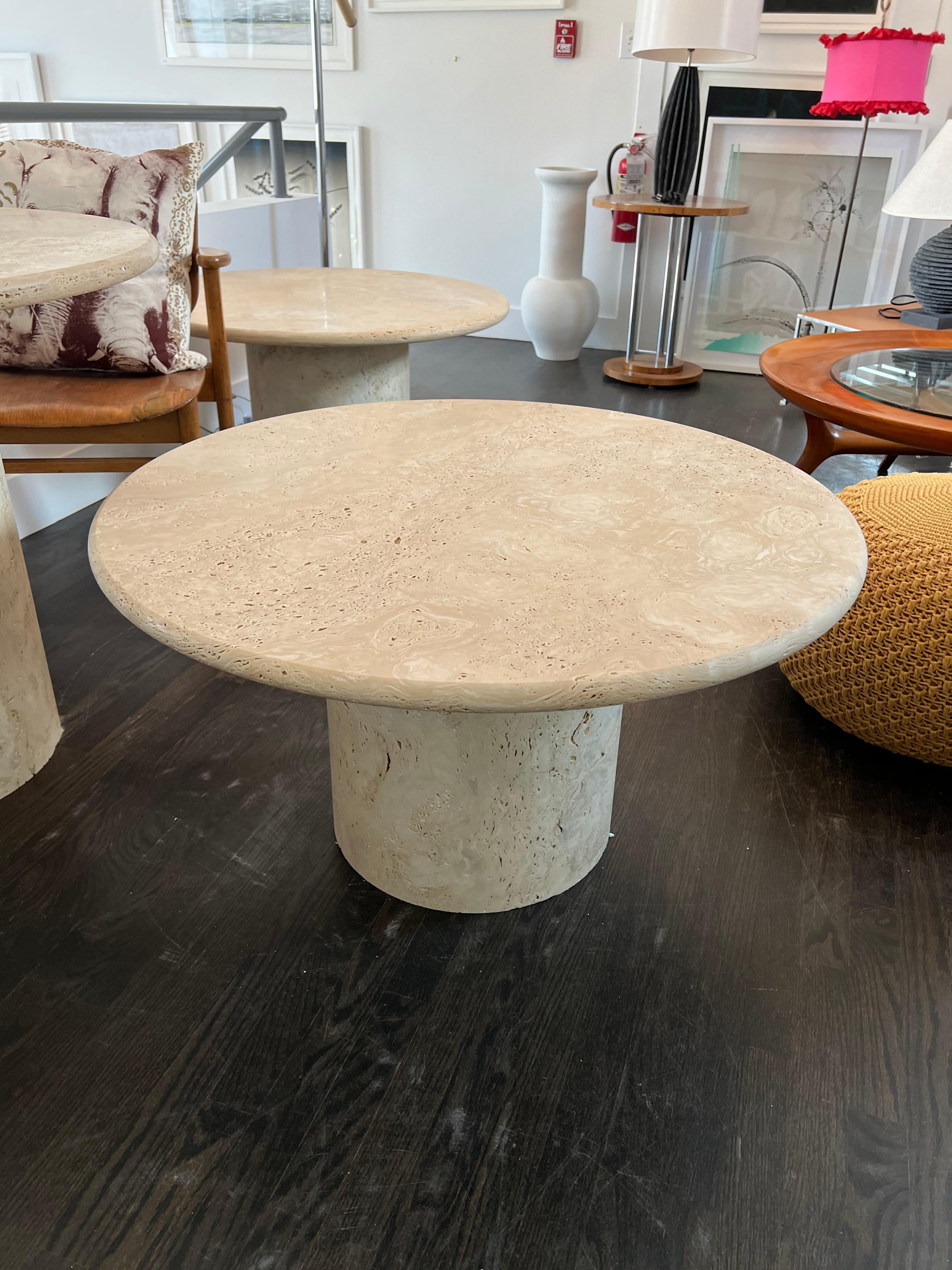 Round Roman travertine coffee table by Le Lampade.
Available now. This table can be totally custom. Measures: 35