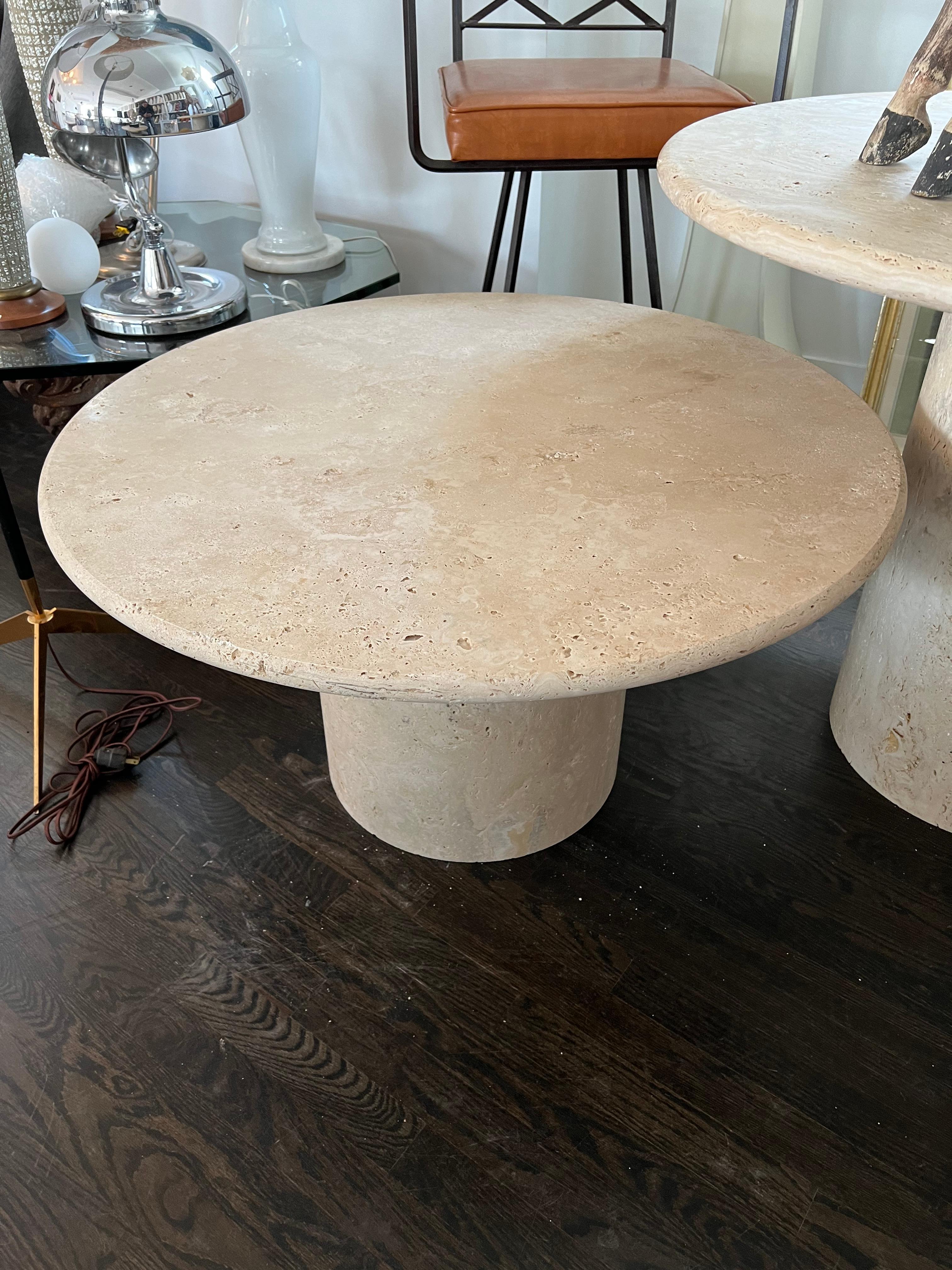 Round Roman travertine coffee table by Le Lampade.
Available now. This table can be totally custom. Measures: 35