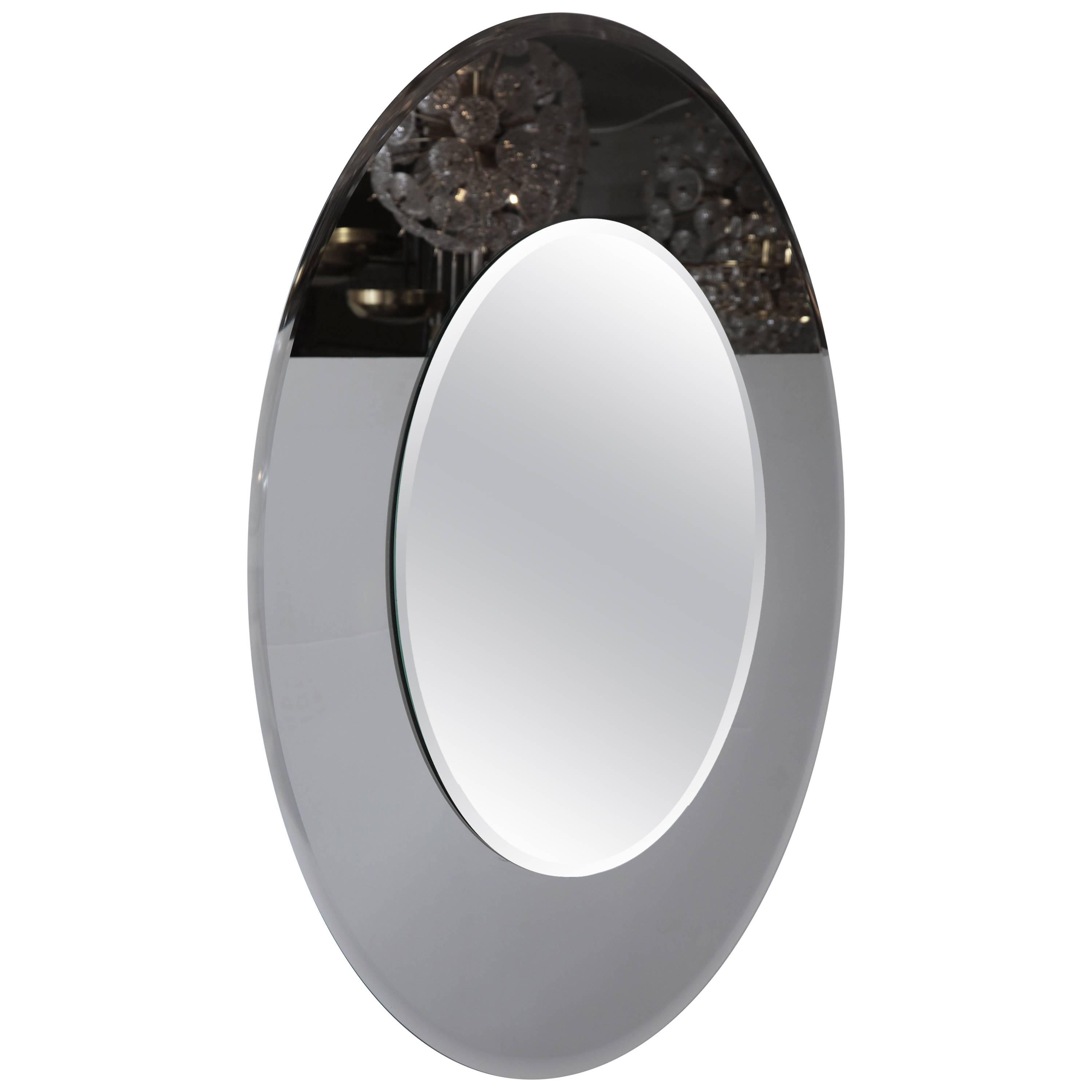 Large Round Beveled Mirror with Smoke Glass Border