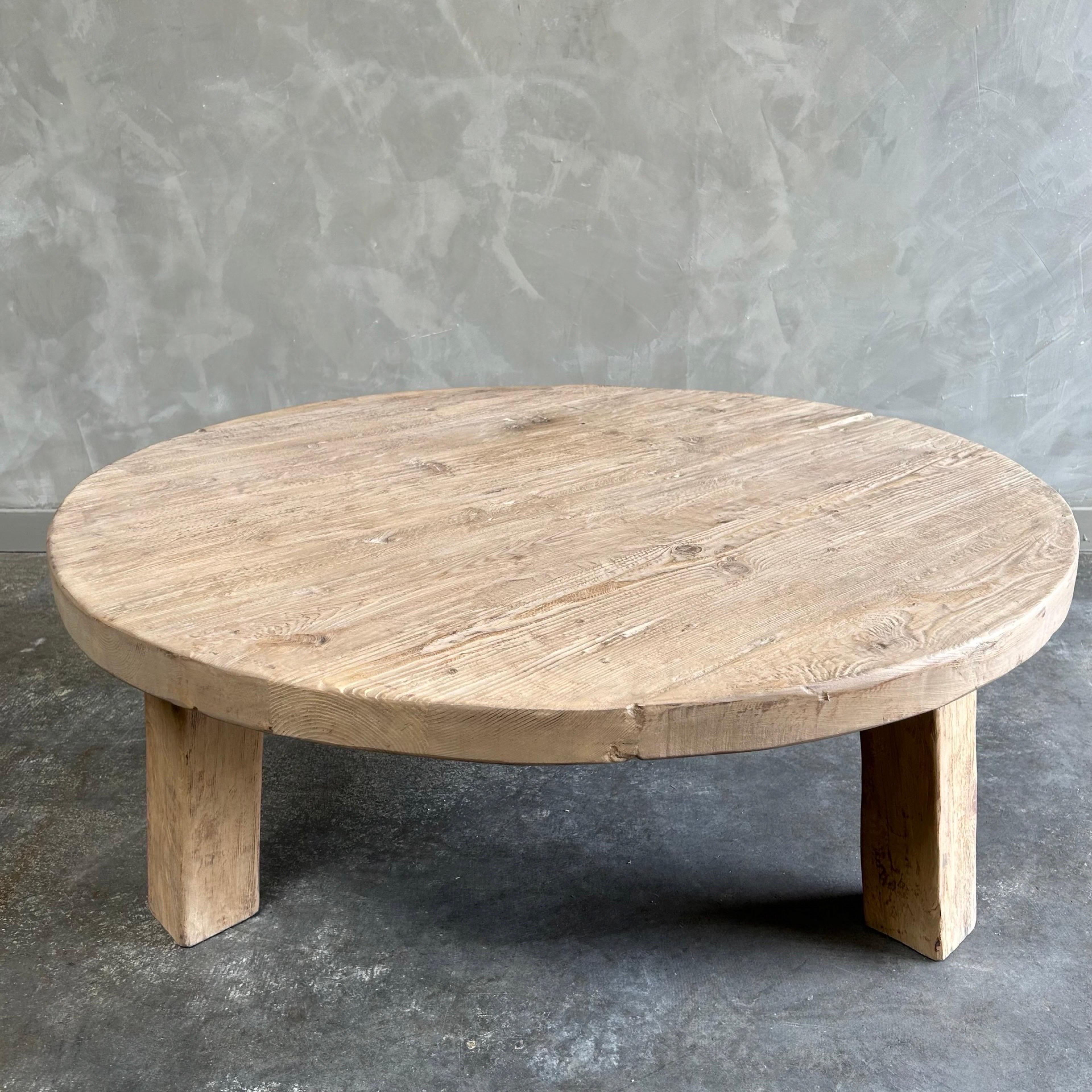 Elm Custom Round Tri-Leg Reclaimed Wood Coffee Table  For Sale