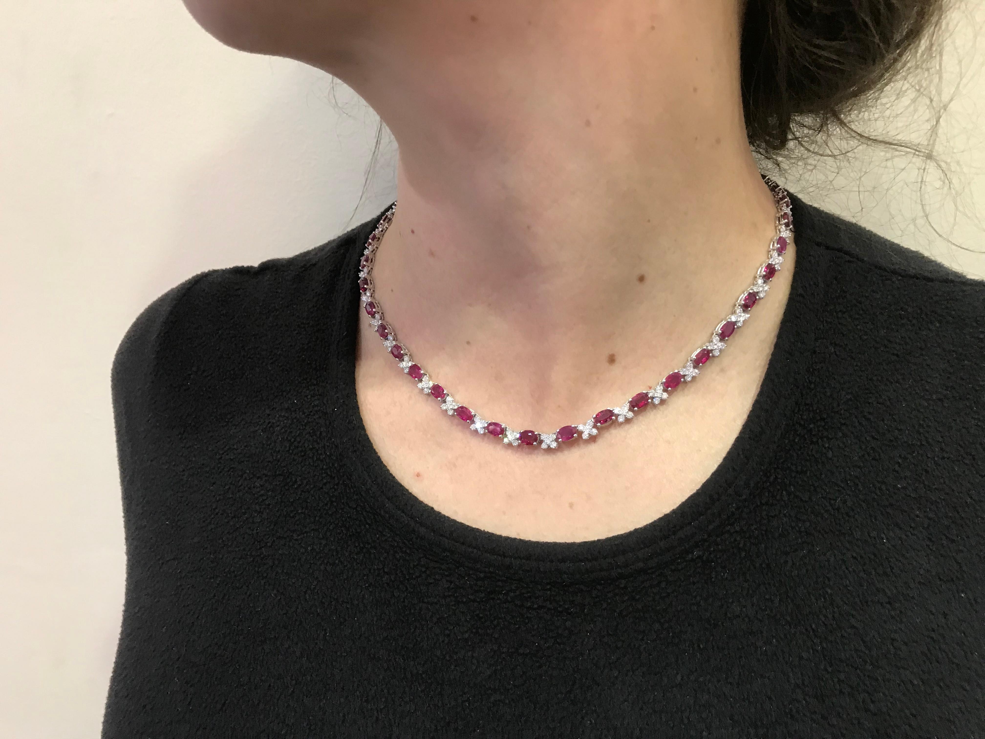 Modern Custom Ruby and Diamond Necklace in 18 Karat White Gold For Sale