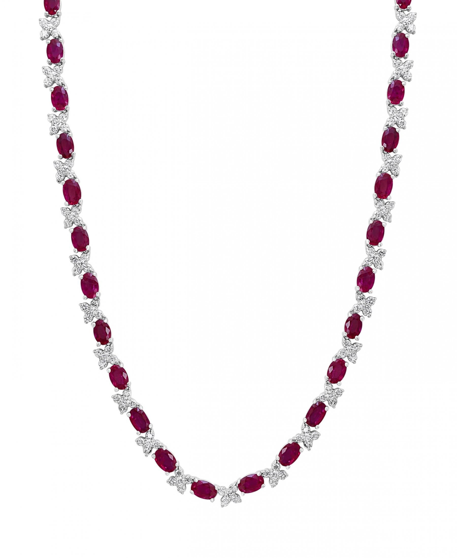 Oval Cut Custom Ruby and Diamond Necklace in 18 Karat White Gold For Sale