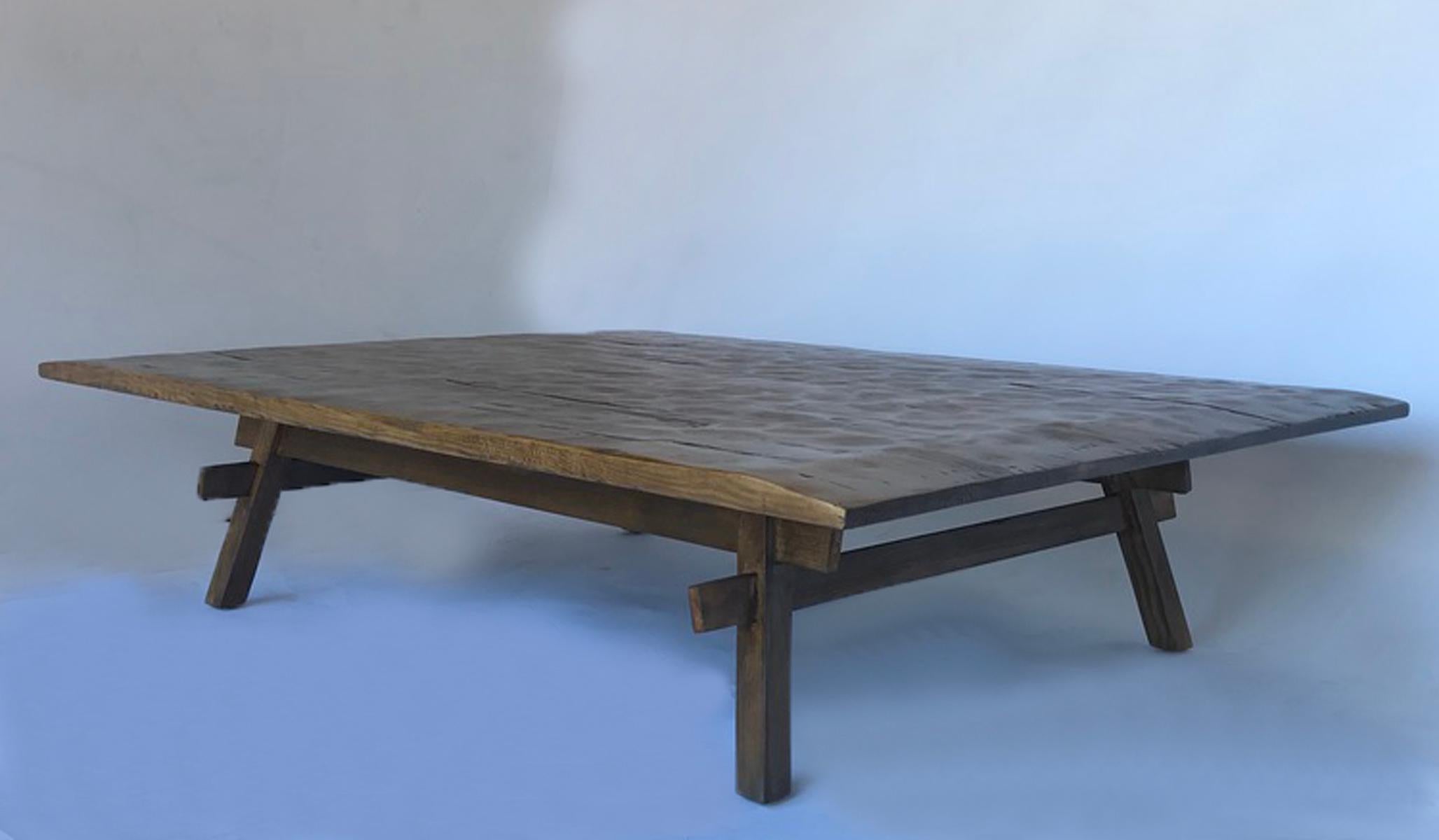American Custom Rustic Coffee Table with Hand Hewn Top For Sale