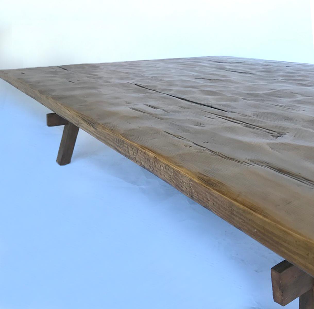 Hand-Carved Custom Rustic Coffee Table with Hand Hewn Top For Sale