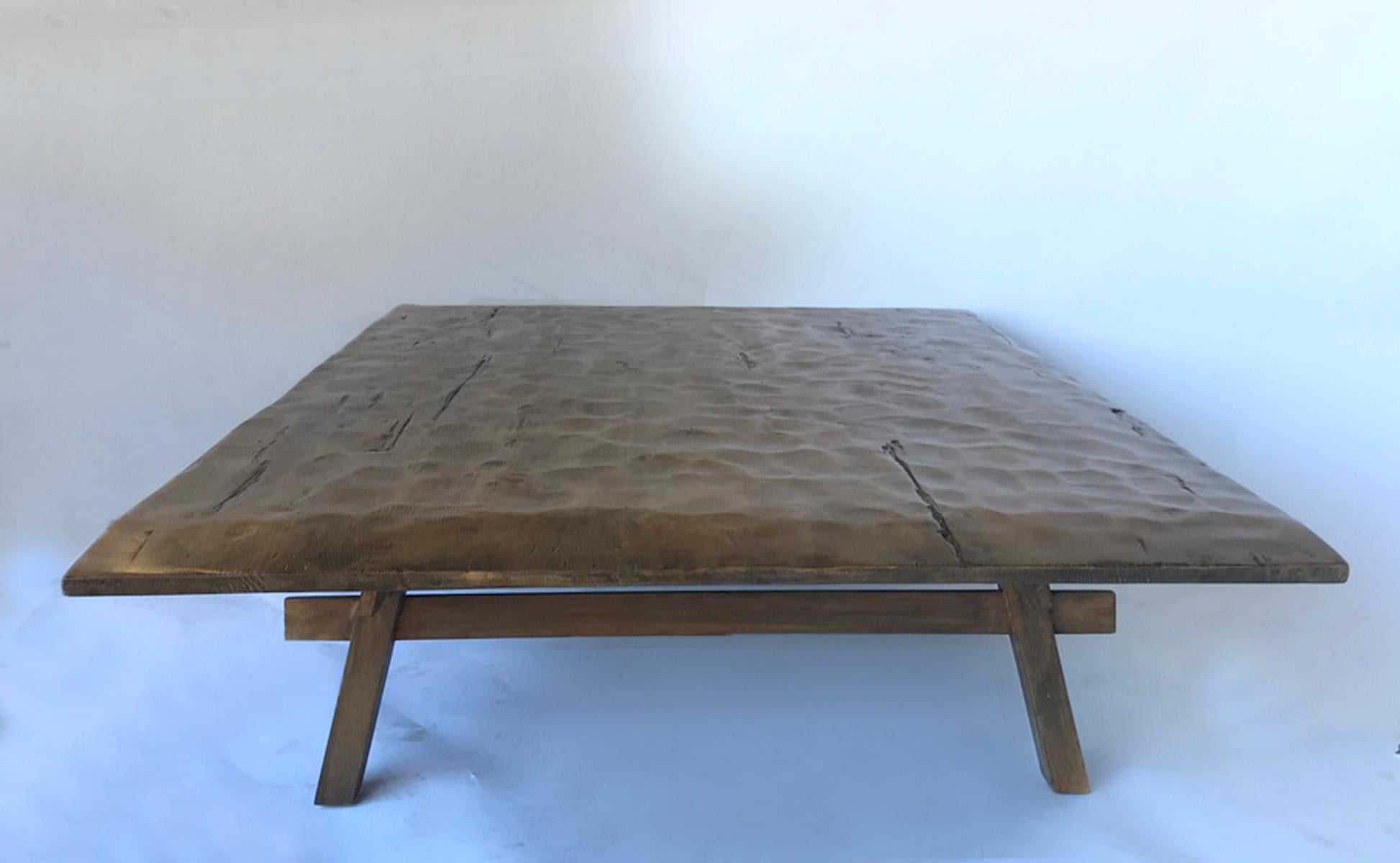 Custom Rustic Coffee Table with Hand Hewn Top In New Condition For Sale In Los Angeles, CA