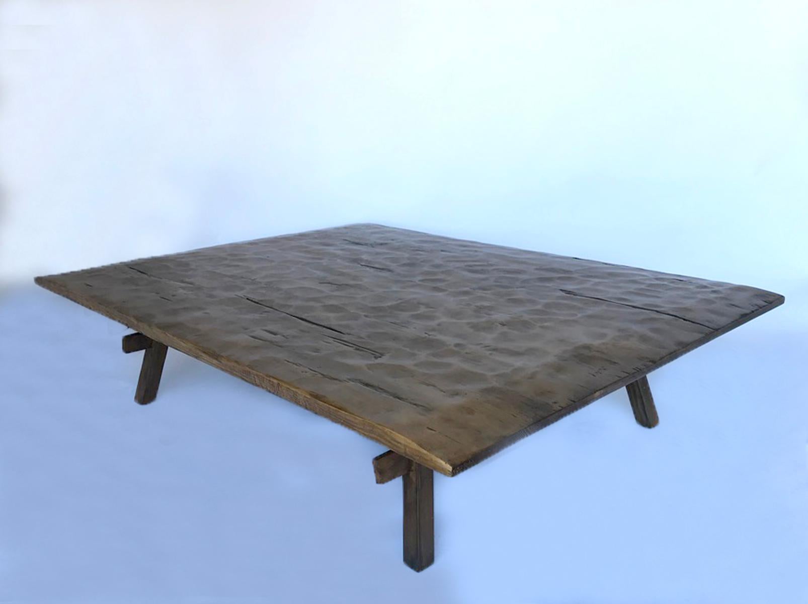 Wood Custom Rustic Coffee Table with Hand Hewn Top For Sale