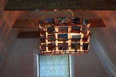Custom Rustic Post Card and Steel Chandelier with Steel/Glass Frame/Edison Bulb