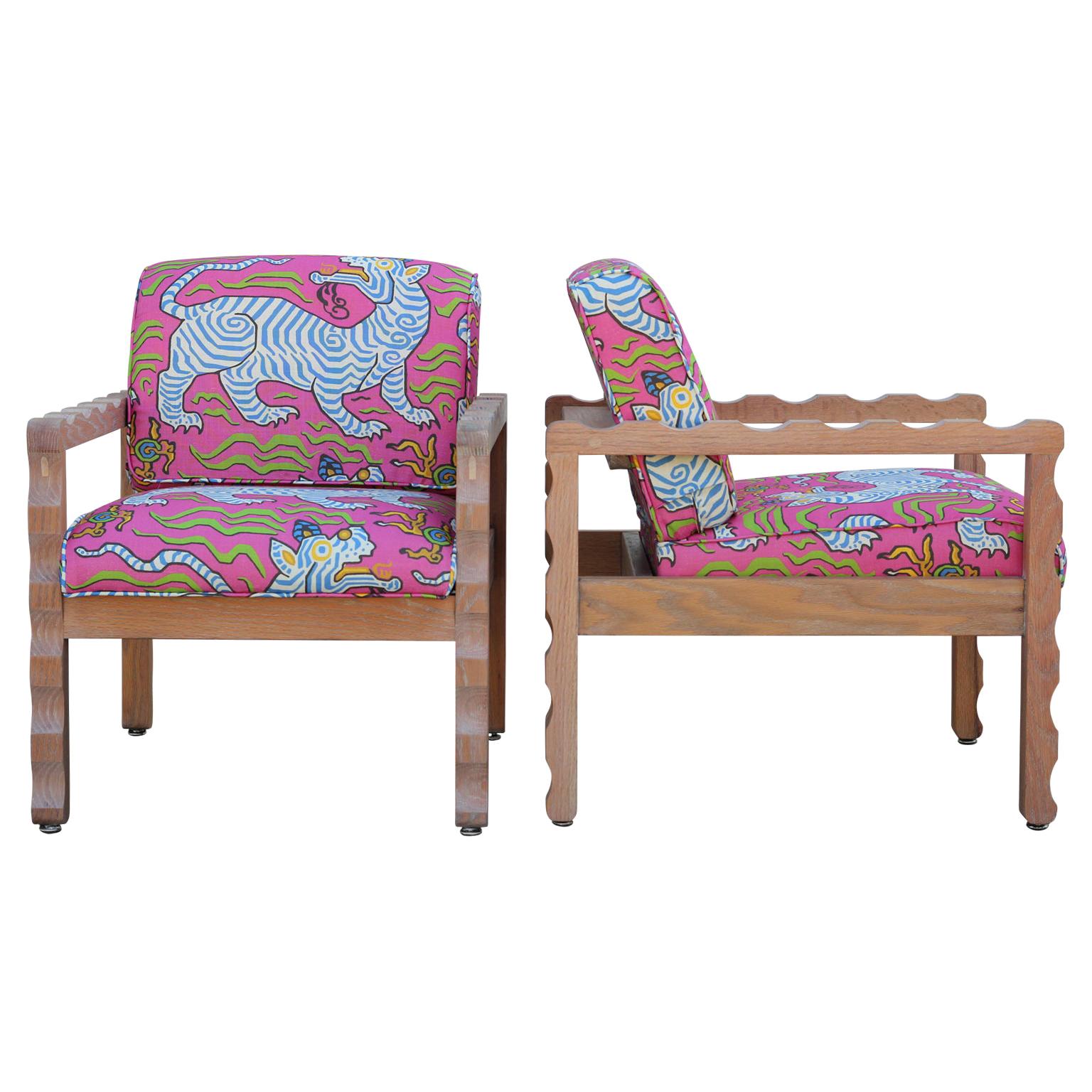 Custom Scallop Solid Oak Postmodern Lounge Chair with Colorful Fabric