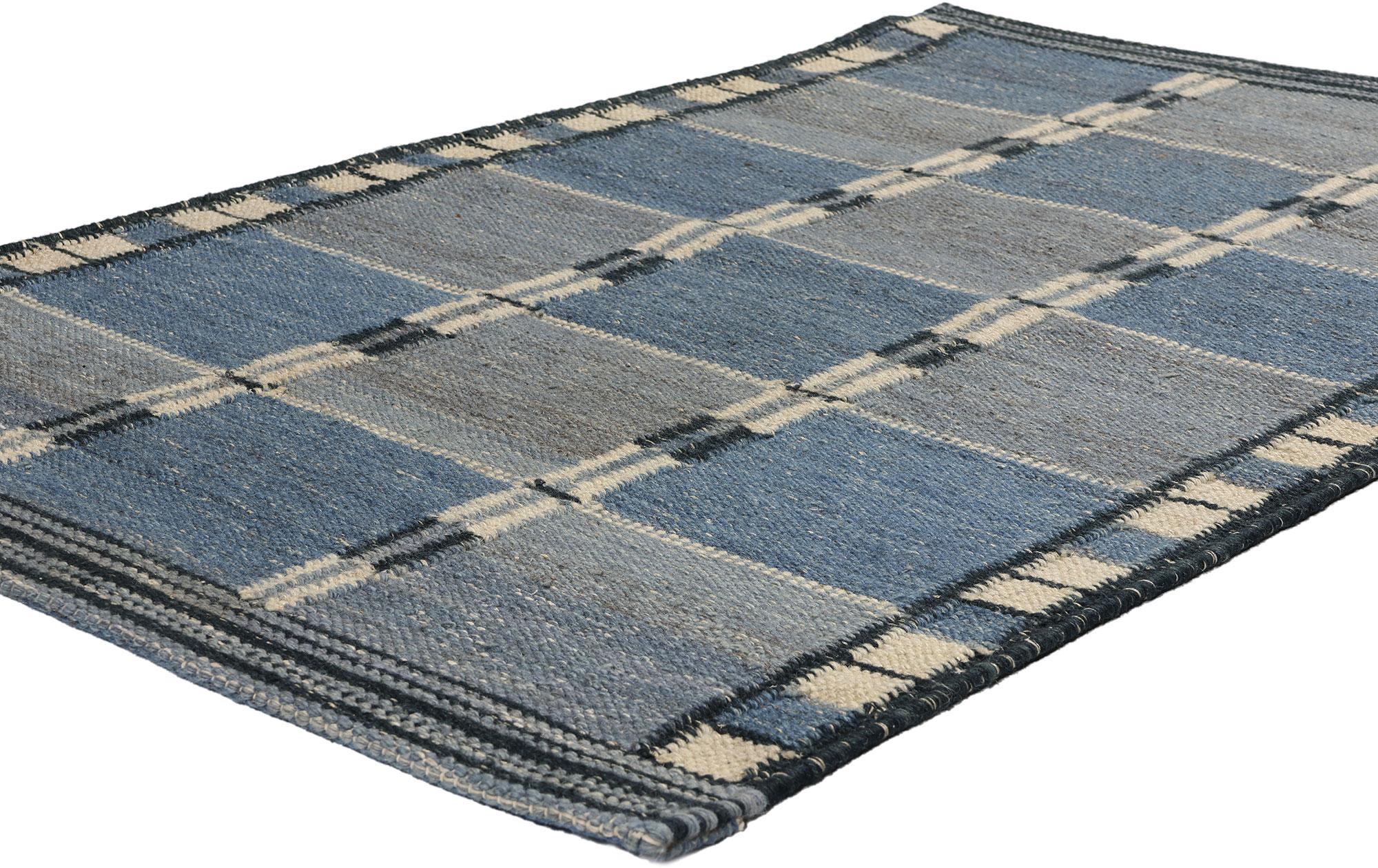 Indian Custom Scandinavian Modern Swedish Inspired Kilim Rug, Blått Rutmönster For Sale