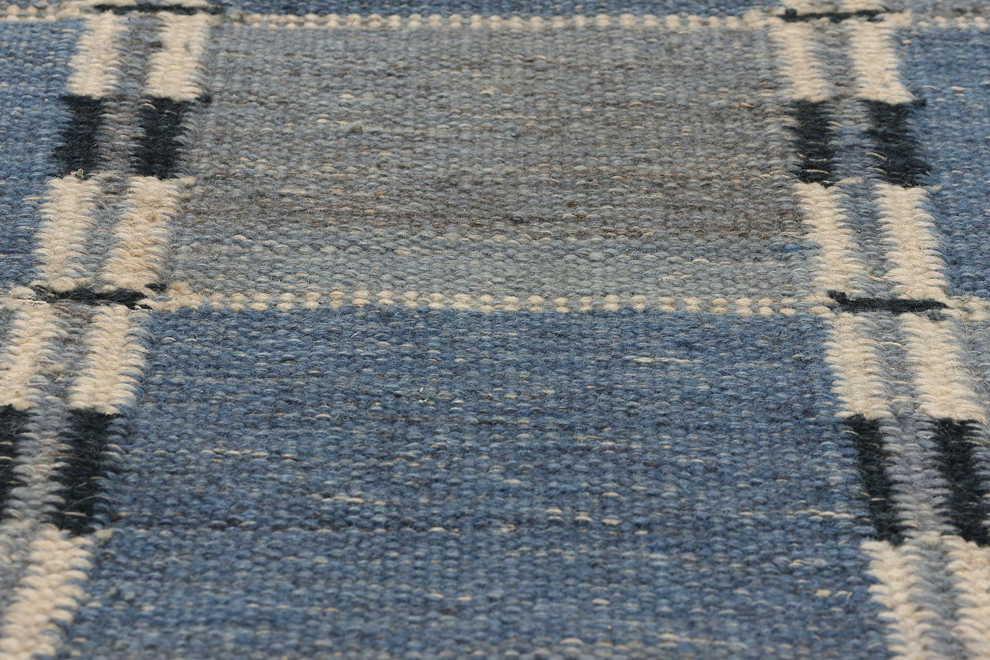 Contemporary Custom Scandinavian Modern Swedish Inspired Kilim Rug, Blått Rutmönster For Sale