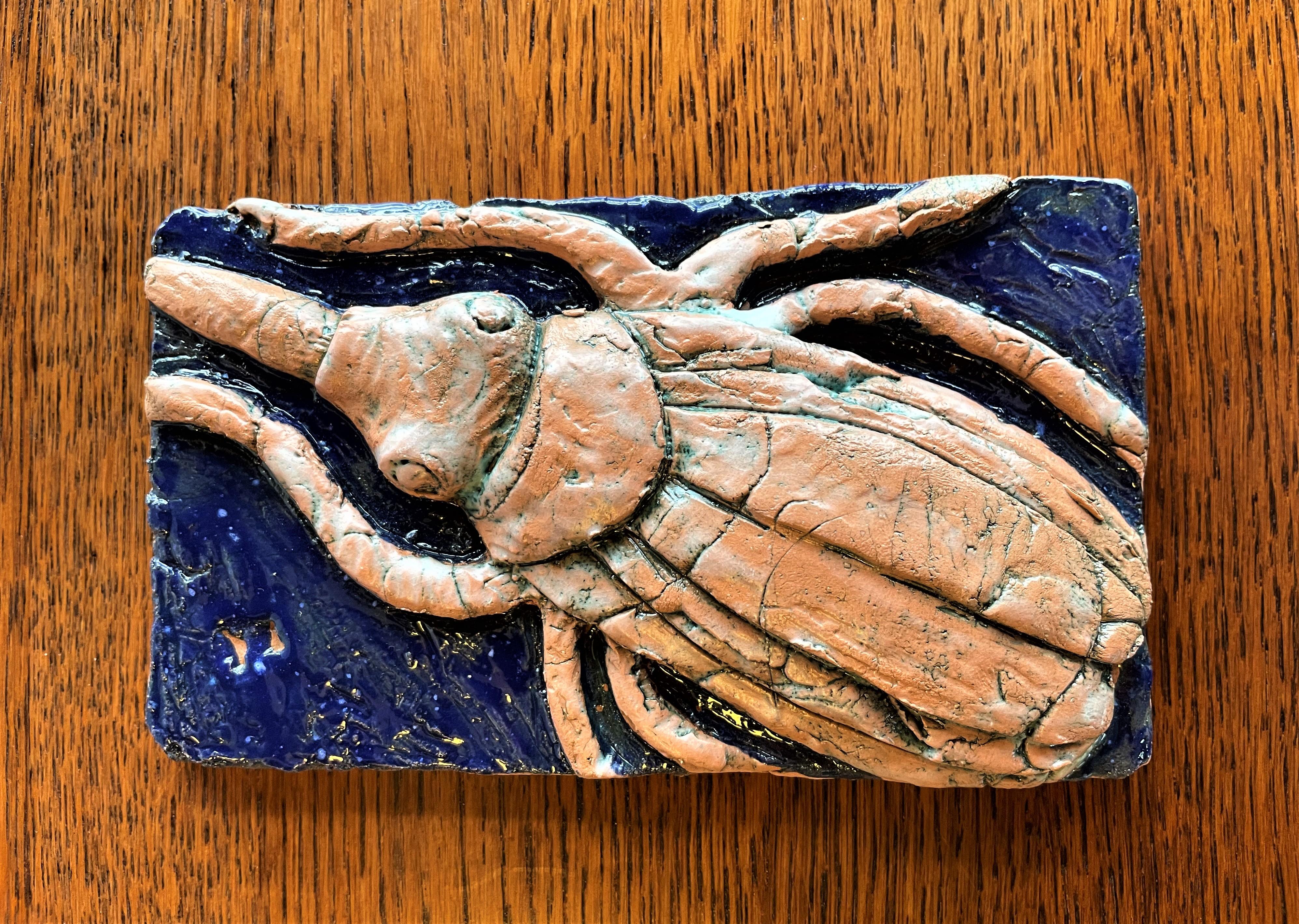 Custom Scarab Wall Tiles: Artist-Crafted and Hand Glazed Ceramic - Set of 3 In Excellent Condition For Sale In Austin, TX