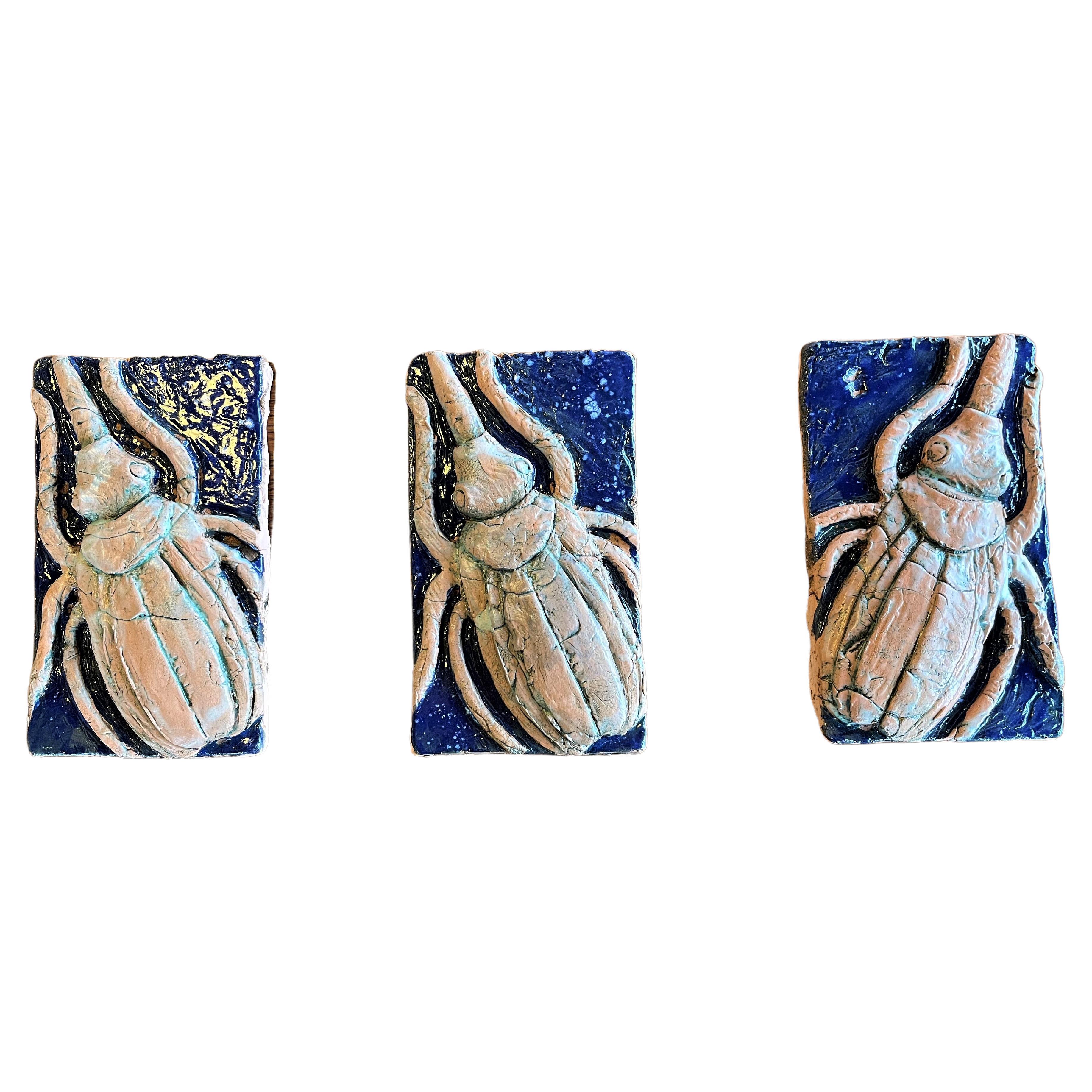 Custom Scarab Wall Tiles: Artist-Crafted and Hand Glazed Ceramic - Set of 3