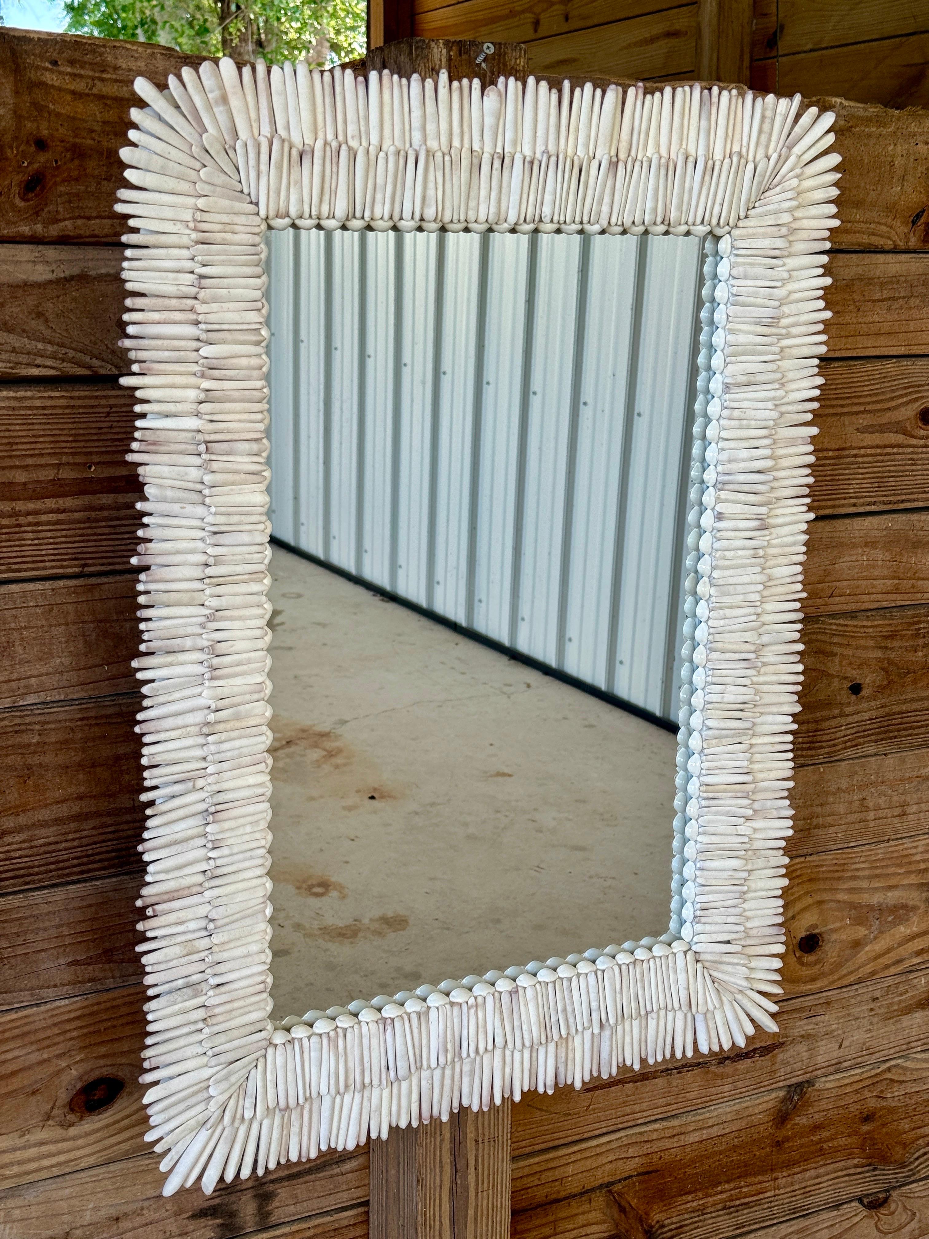 Custom Sculptural Albino Sea Urchin Spine Shell Mirror Trimmed in Cowrie Shells 7