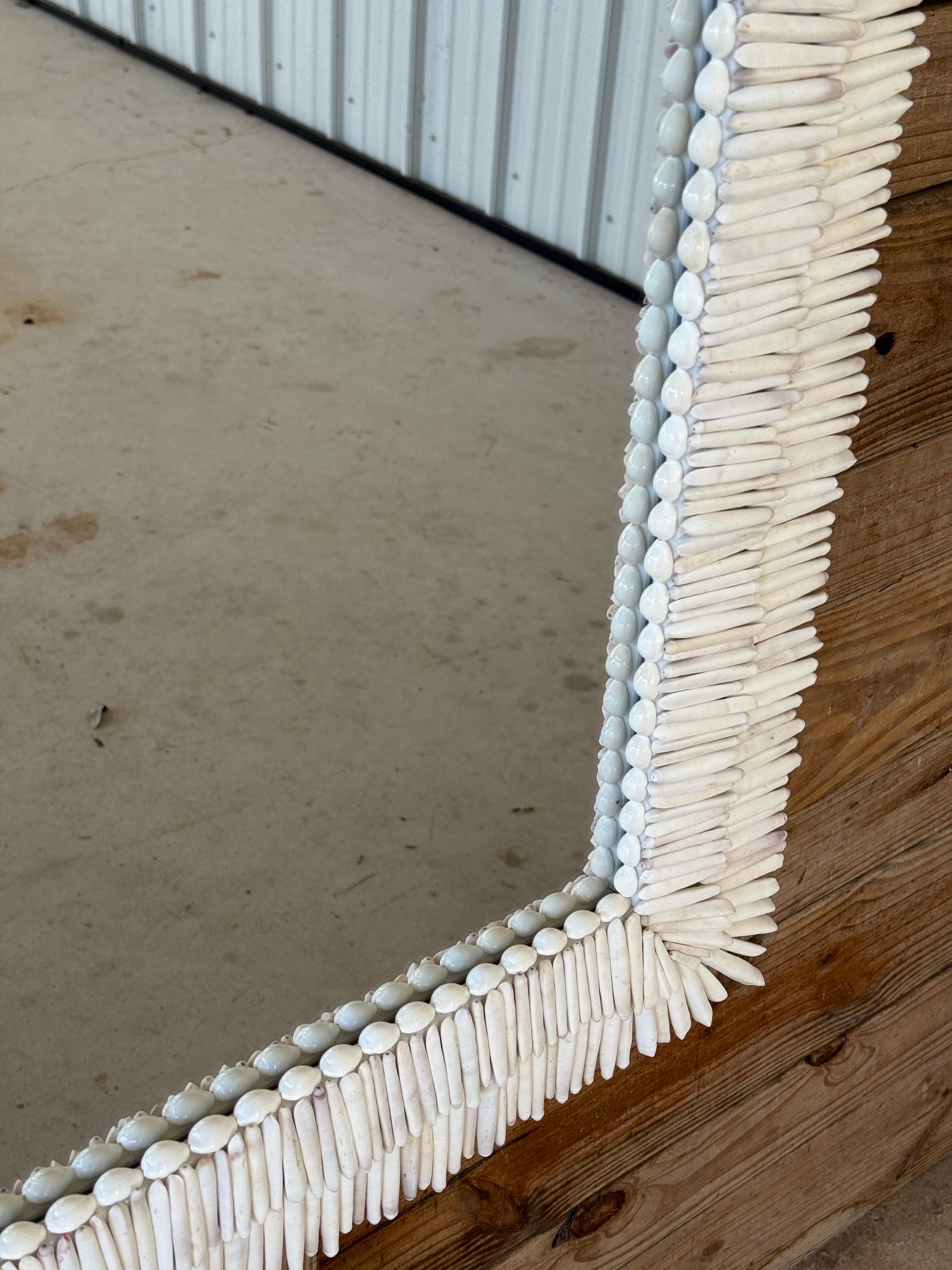 Striking and unique, this custom wall mirror is framed in meticulously arranged albino sea urchin spines for a sculptural, organic coastal aesthetic.
The inner trim features polished cowrie shells, adding a refined and textural contrast.
Designed