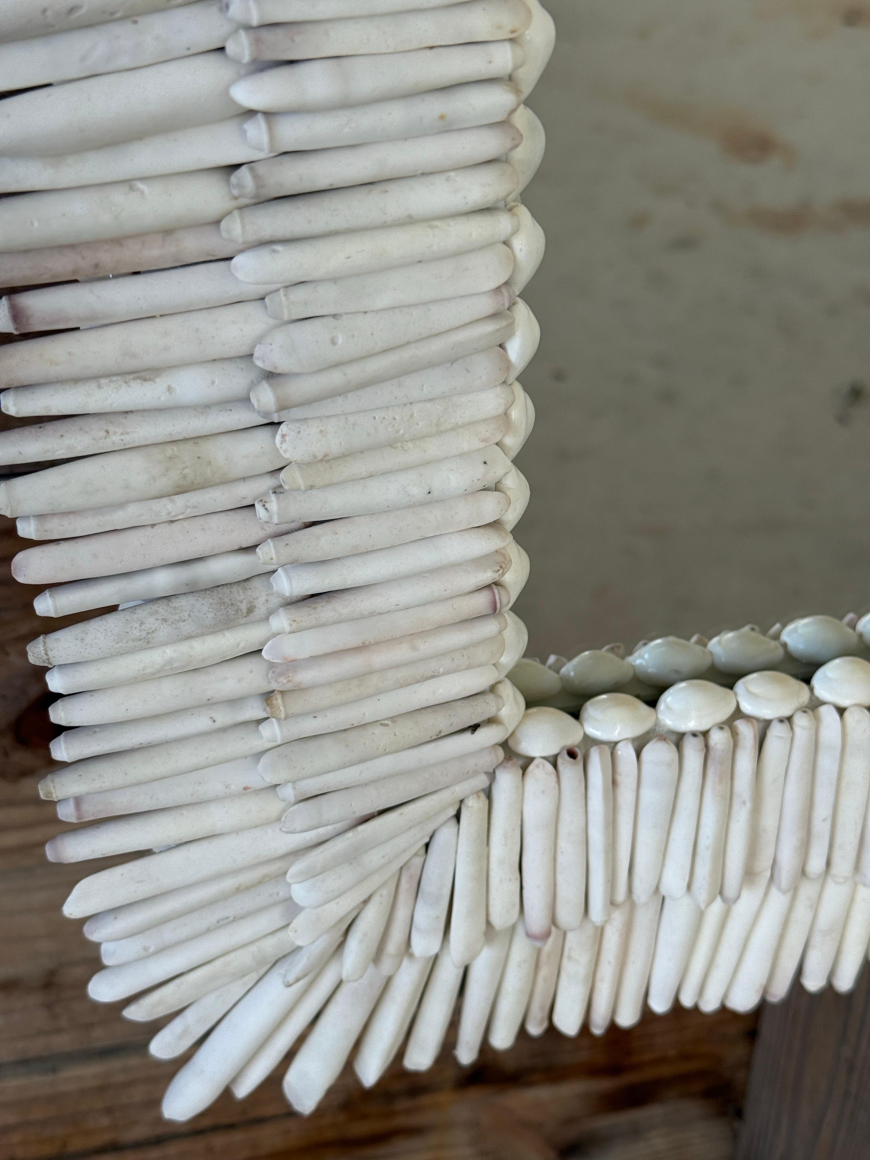 Hand-Crafted Custom Sculptural Albino Sea Urchin Spine Shell Mirror Trimmed in Cowrie Shells