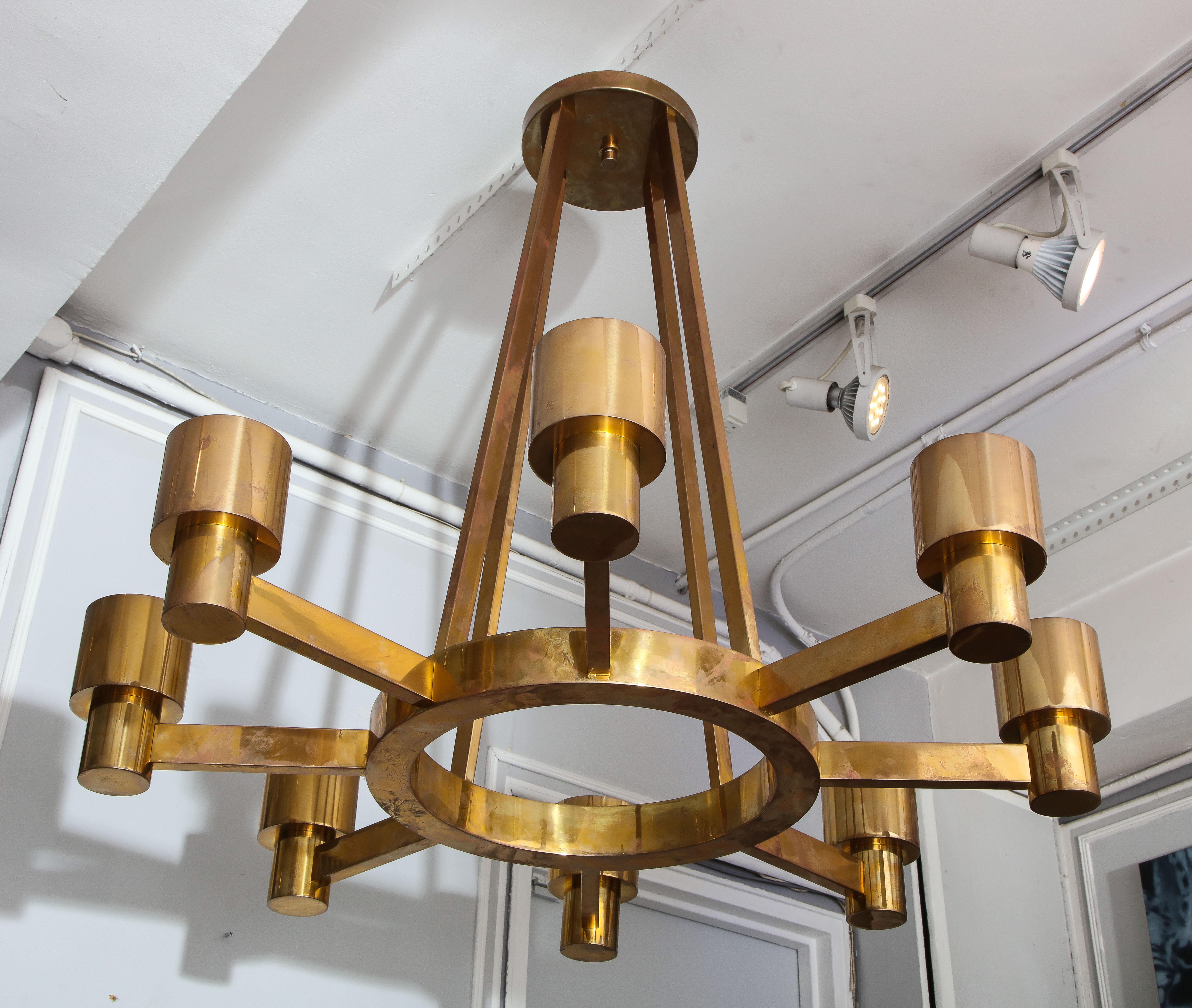 American Custom Sculptural Brass Chandelier with Eight Arms For Sale