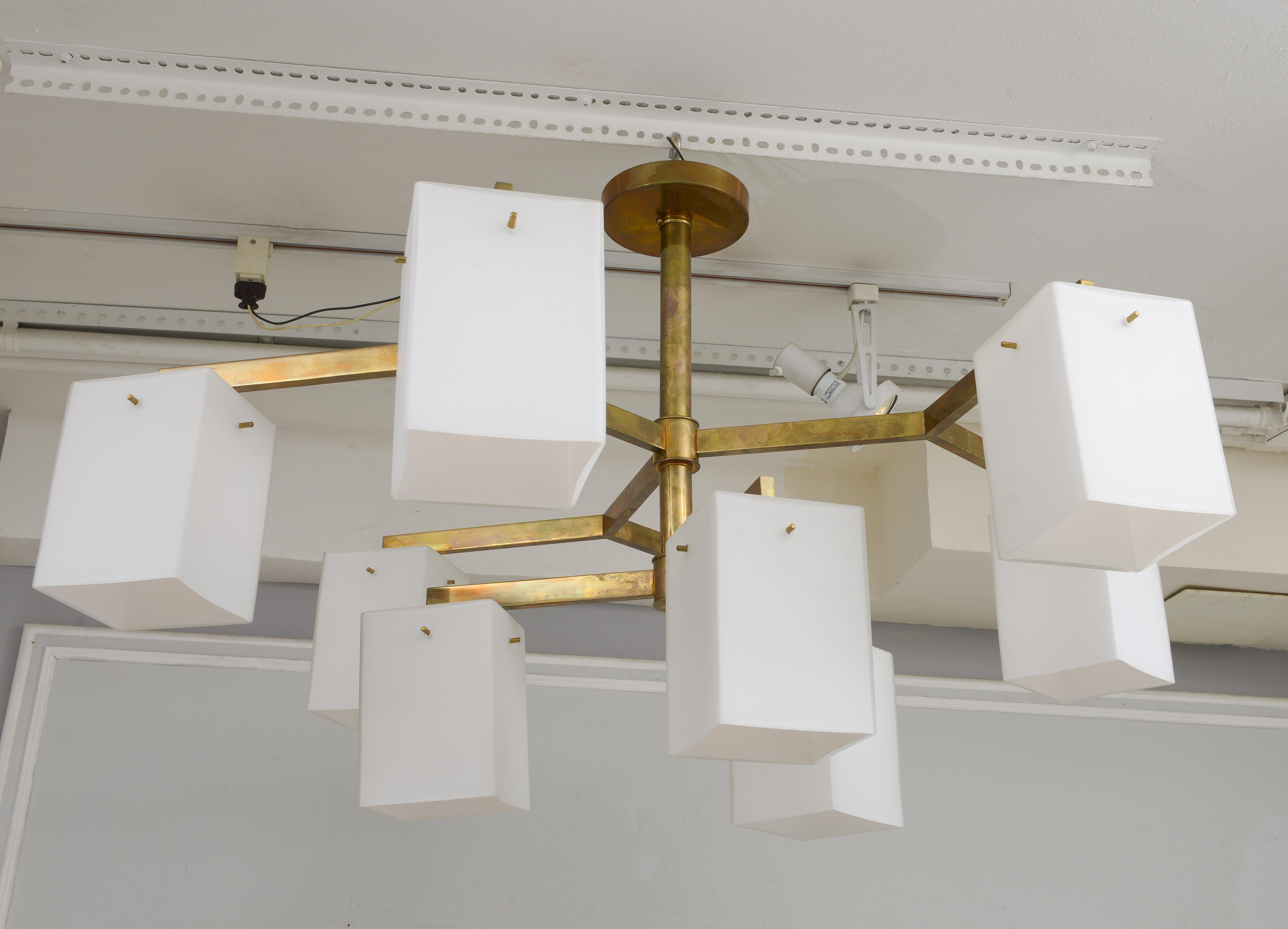 Custom sculptural Jules lighting fixture- brass and frosted glass - in the Mid-Century Modern style. Please note this fixture is customizable. Lead Time is 8-10 weeks. Send inquiries. One in stock.