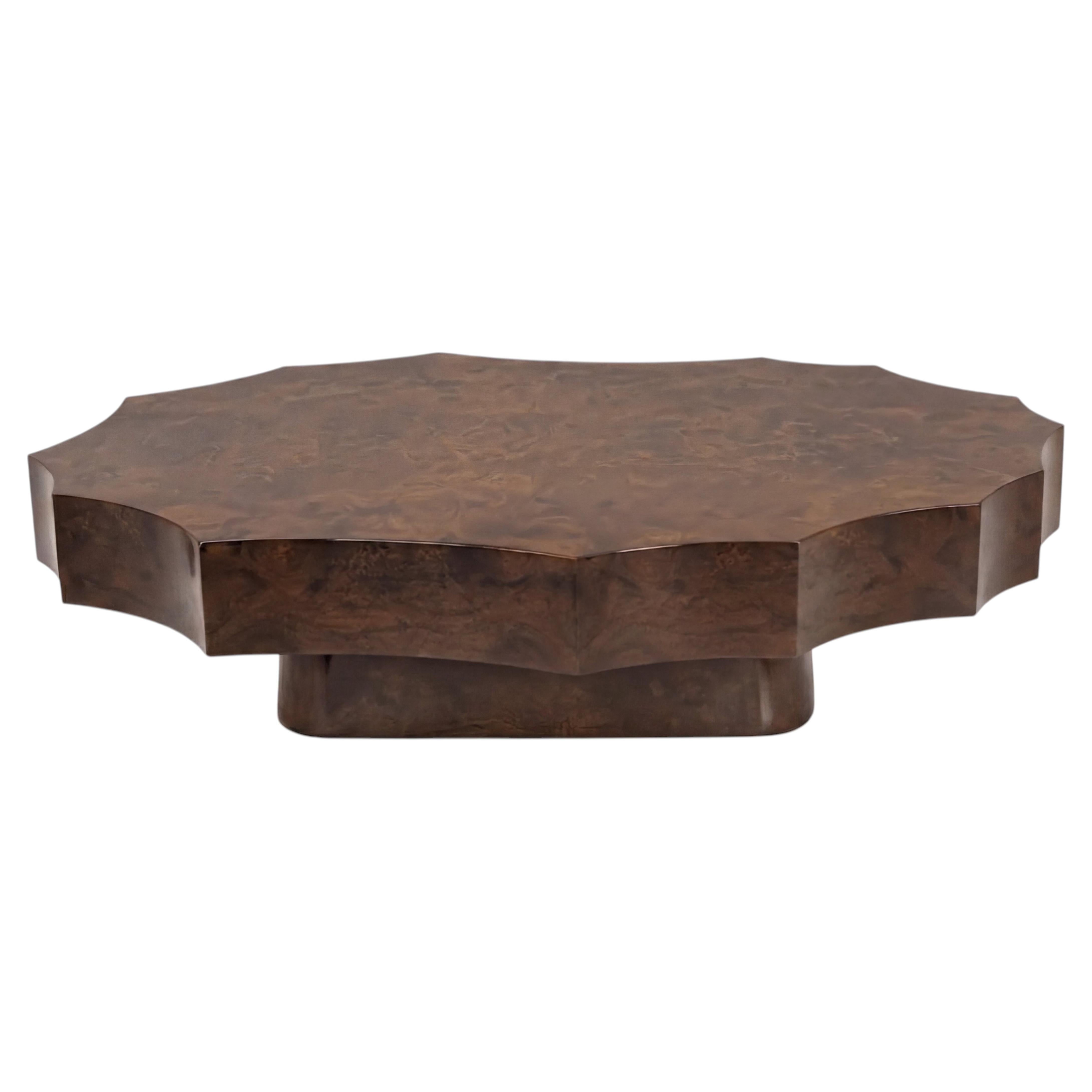 Custom Sculptural Scalloped Coffee Table in High-Gloss Walnut Root Veneer