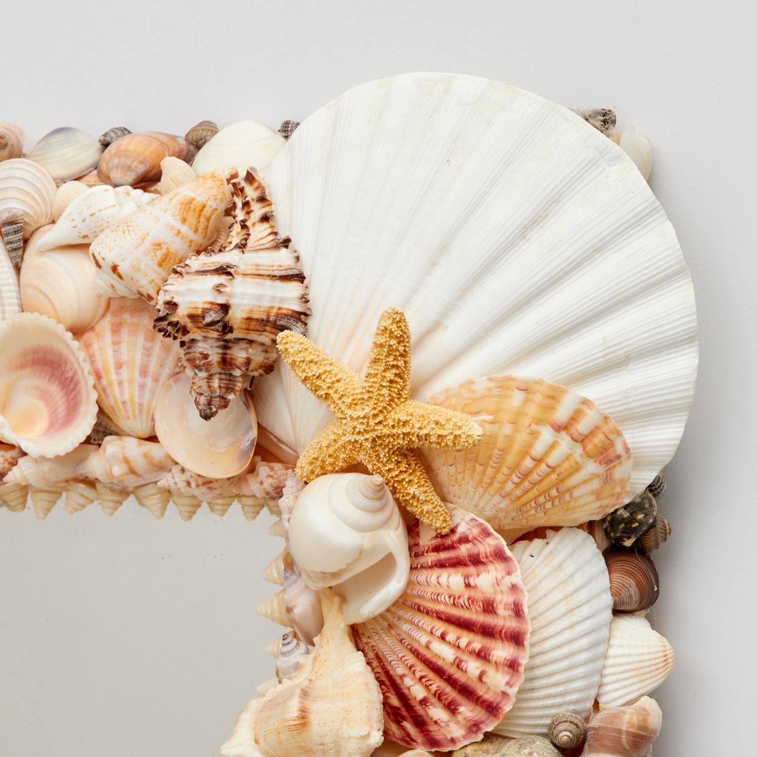 An attractively composed Seashell encrusted mirror of great quality, custom made for a prestigious summer residence.

The variety of conches and scallop shells, of different colors  and shapes is used artistically , resulting in one of the finest