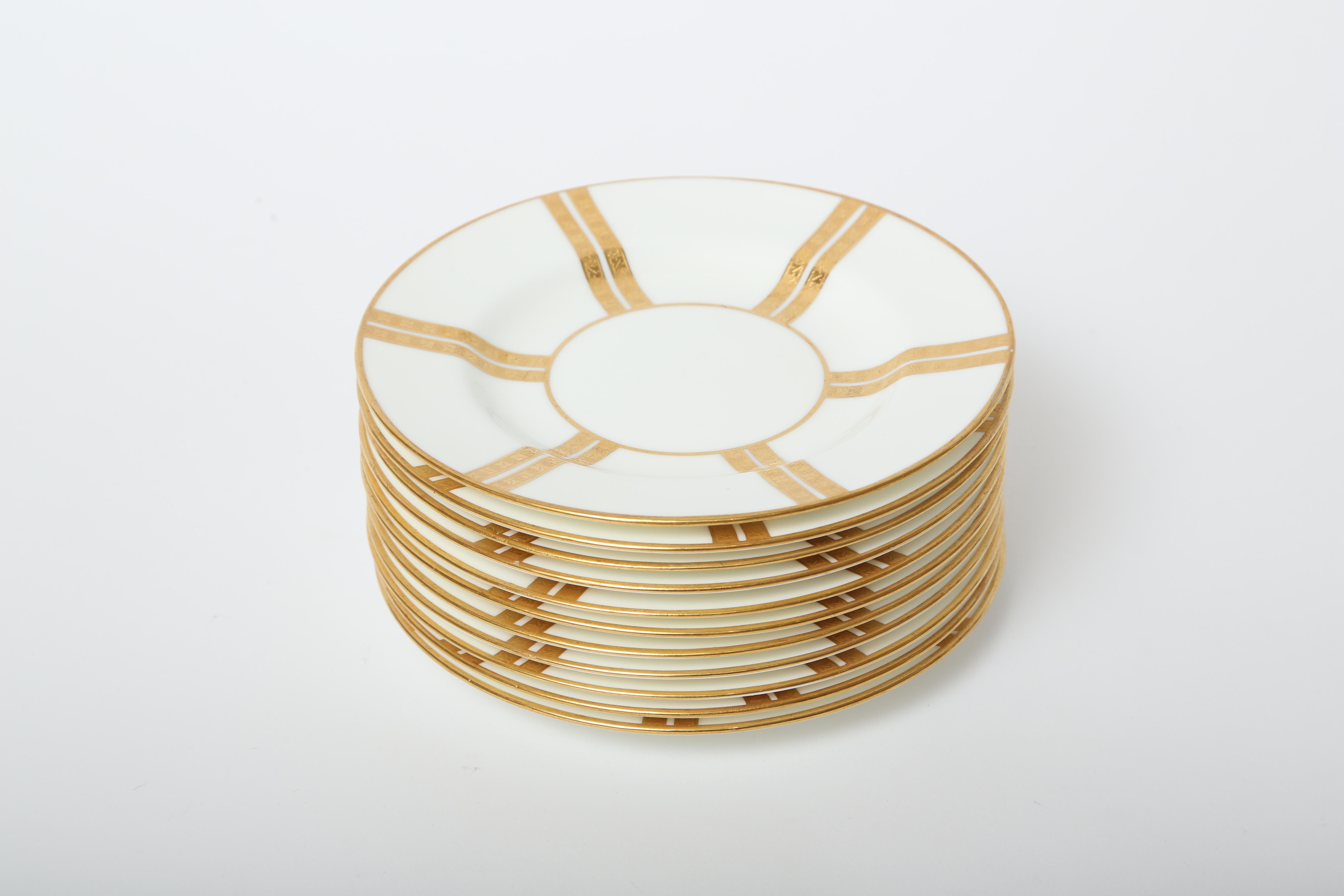 Hand-Crafted Custom Set of 11 Antique Art Deco Gold Stripe Bread Plates, Minton, England