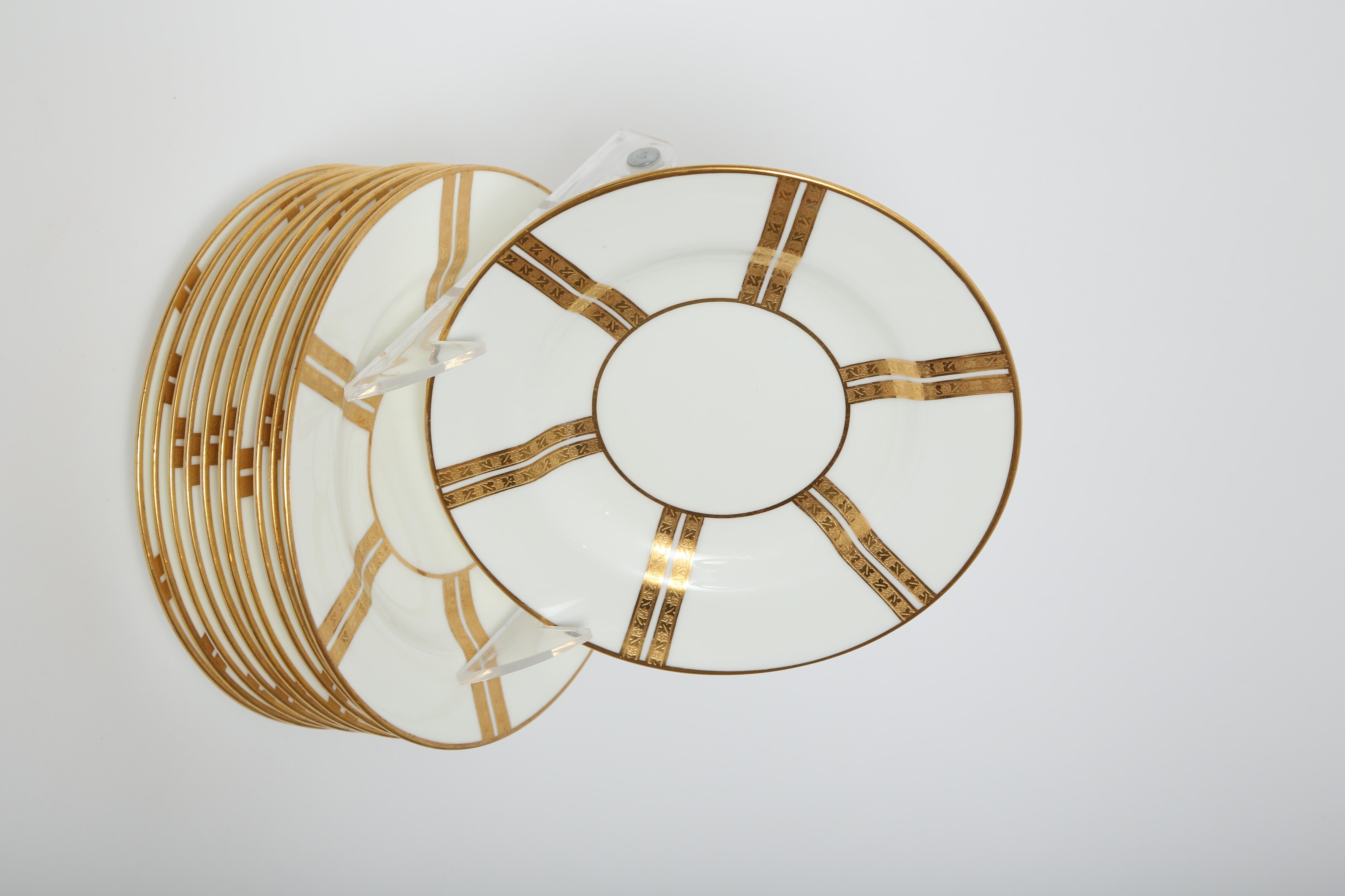 Early 20th Century Custom Set of 11 Antique Art Deco Gold Stripe Bread Plates, Minton, England