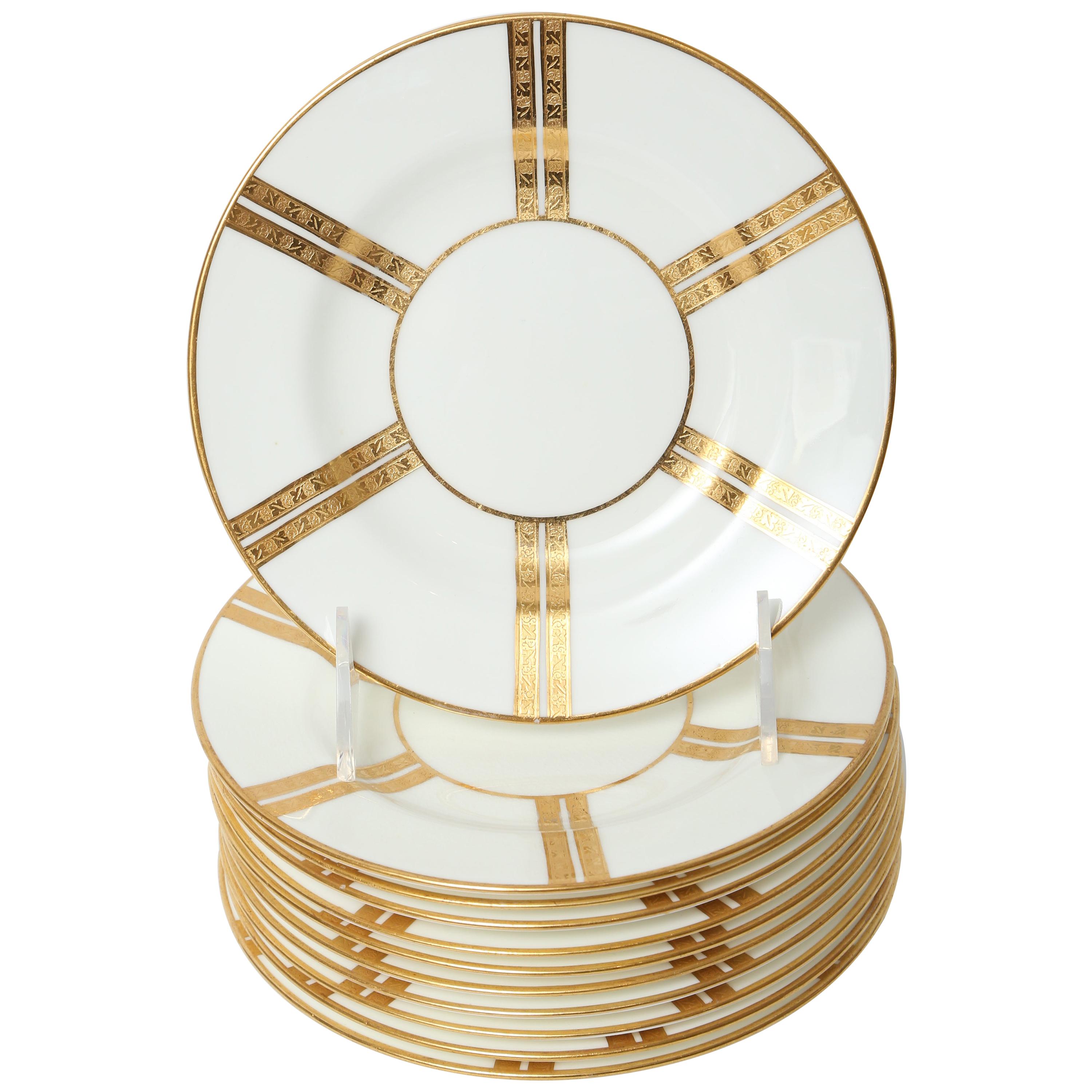 Custom Set of 11 Antique Art Deco Gold Stripe Bread Plates, Minton, England
