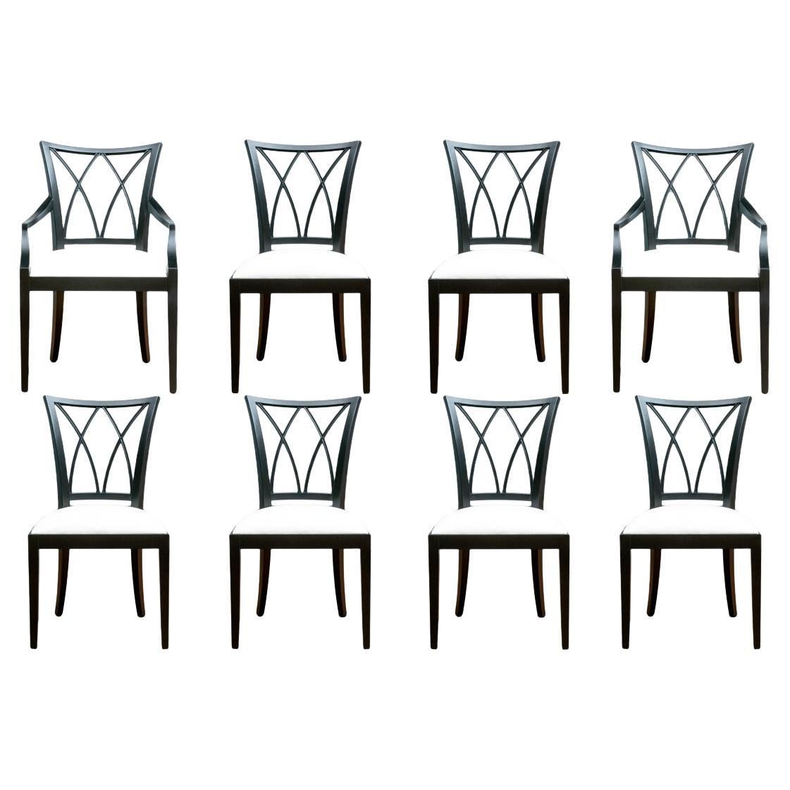 Custom Set of Eight Baker Furniture Ebonized Dining Chairs For Sale