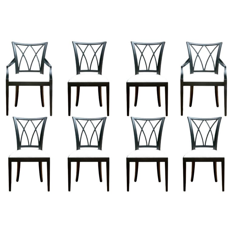Custom Set Of Eight Baker Furniture Ebonised Dining Chairs For Sale at
