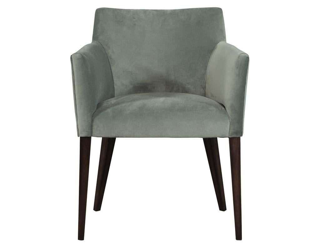Custom made by Carrocel this set of sleek chairs have an Italian Modernism with a Fine cut elegant detailed design, upholstered by our craftsmen in a designer plush velvet and finished in a hand rubbed espresso walnut.