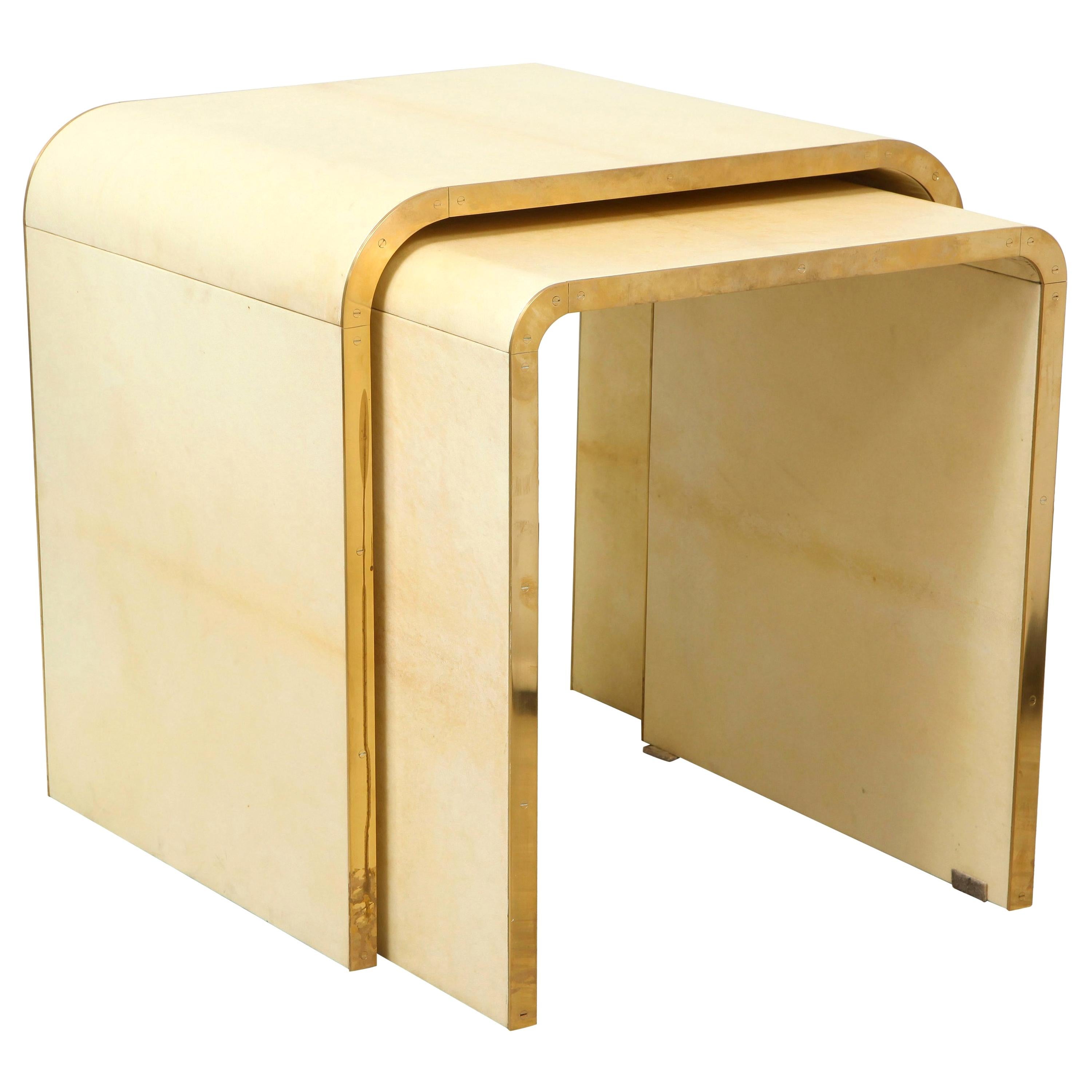 Custom Set of 2 Parchment Nesting Tables with Bronze Banding in the JMF Manner For Sale