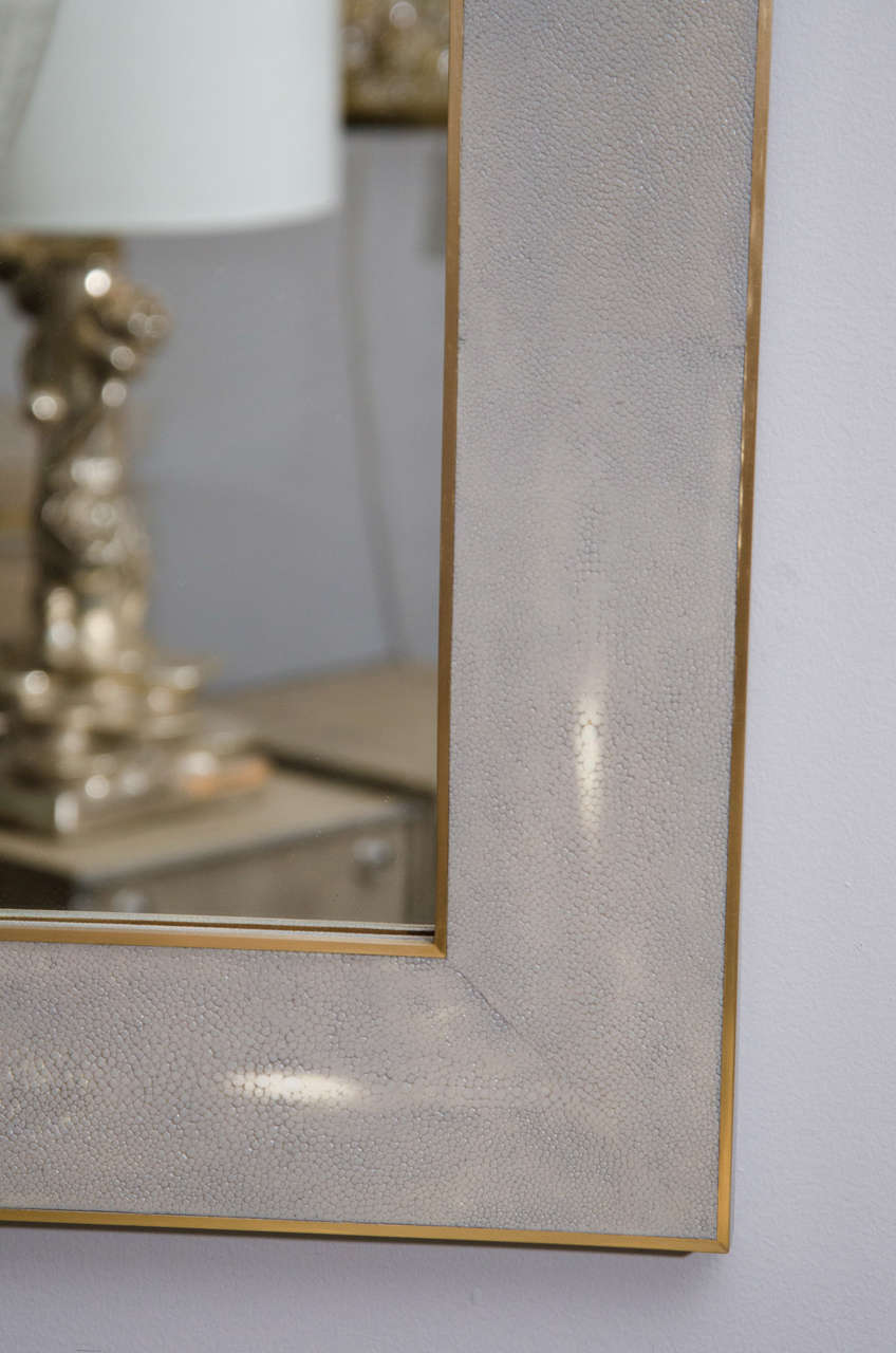Modern Custom Shagreen Mirror with Brass Trim