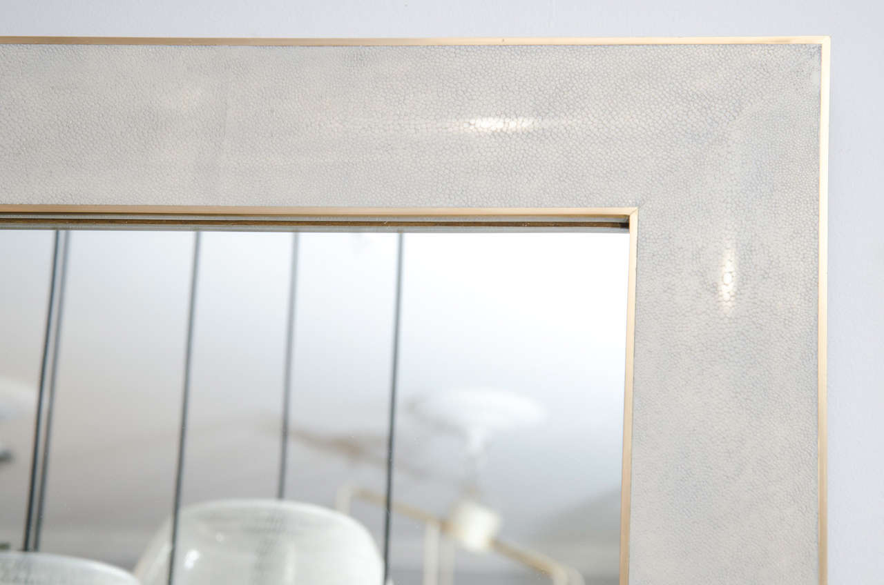 Custom Shagreen Mirror with Brass Trim In New Condition In New York, NY