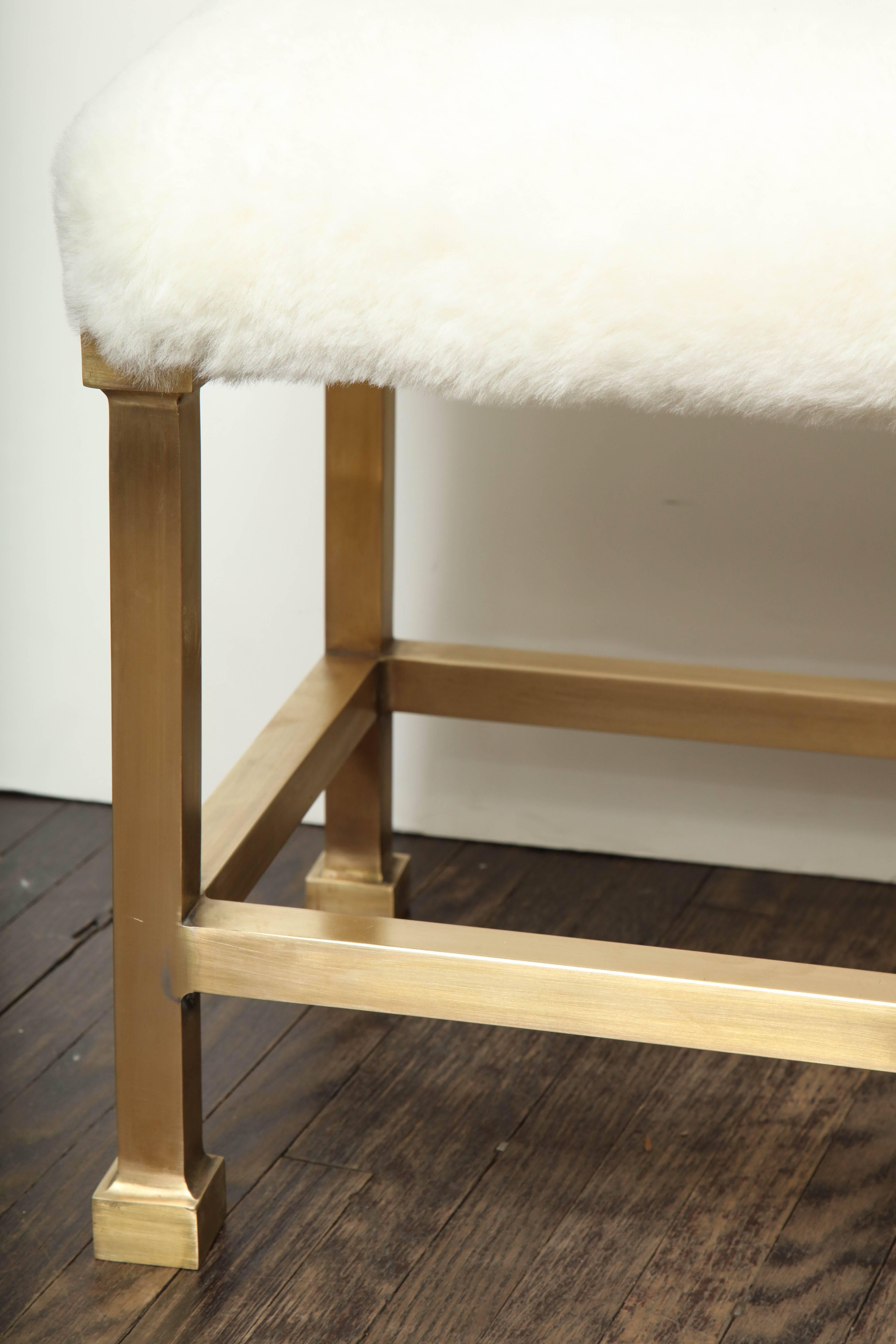 Contemporary Custom Shearling Bench with Brass Base