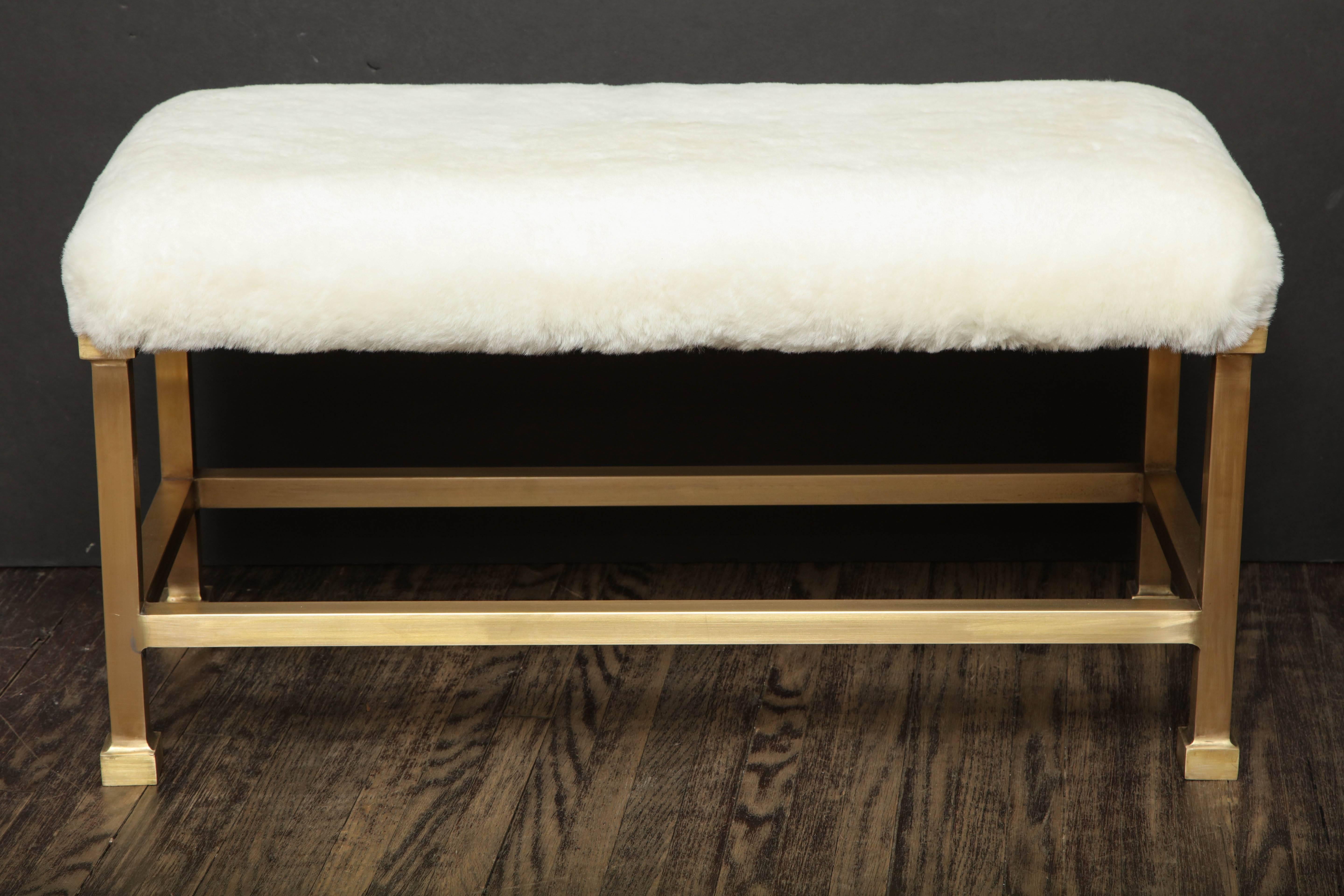 Custom shearling bench with brass base. Customization is available in different sizes, finishes and fabrics (COF)