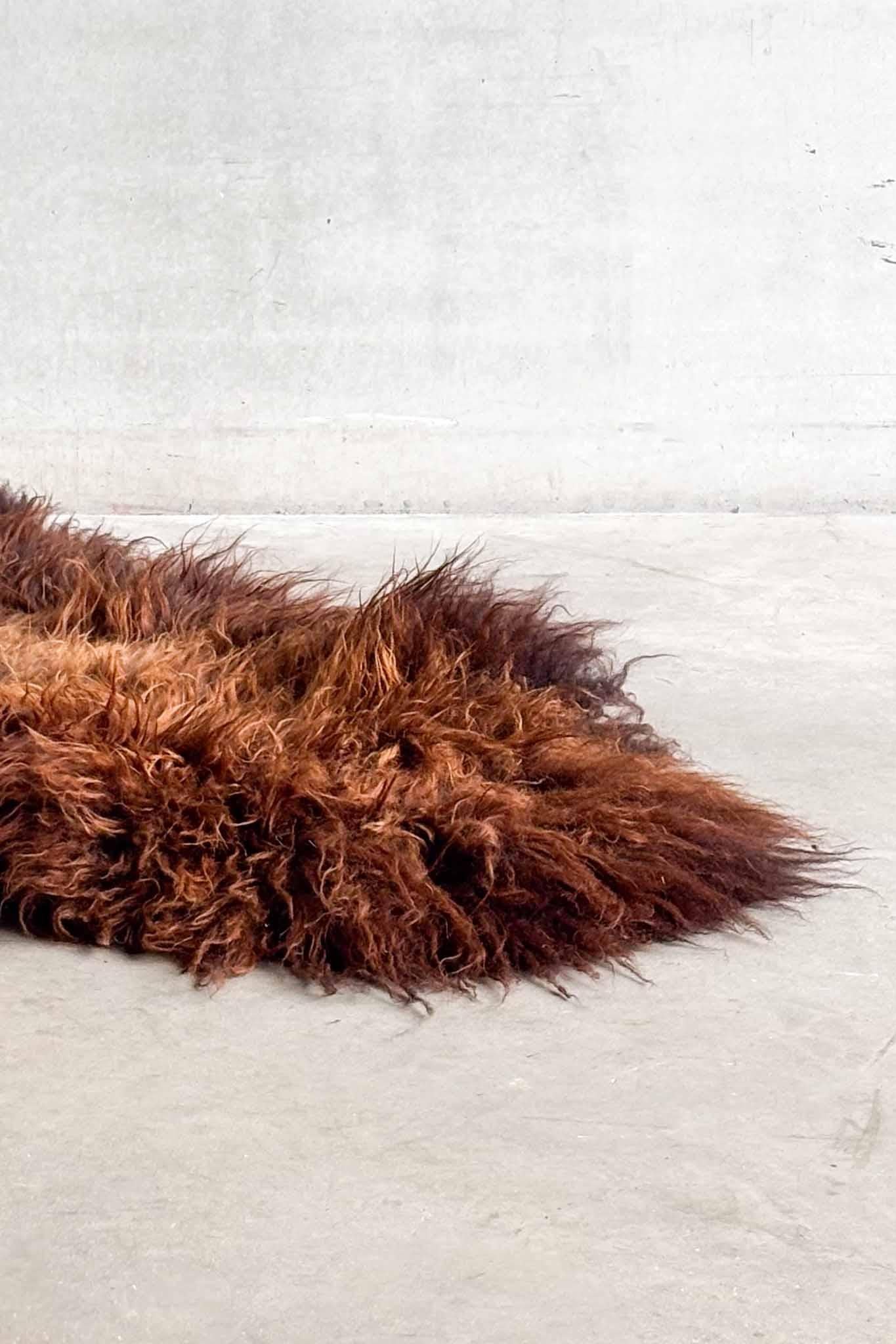 Baptisé Chewbacca pour sa texture riche et son caractère, ce petit tapis de Carine Boxy est fabriqué à partir d'un mélange de peaux d'animaux marron foncé. Mesurant 110 x 60 cm, il présente une surface tactile profonde, à la fois brute et luxueuse.