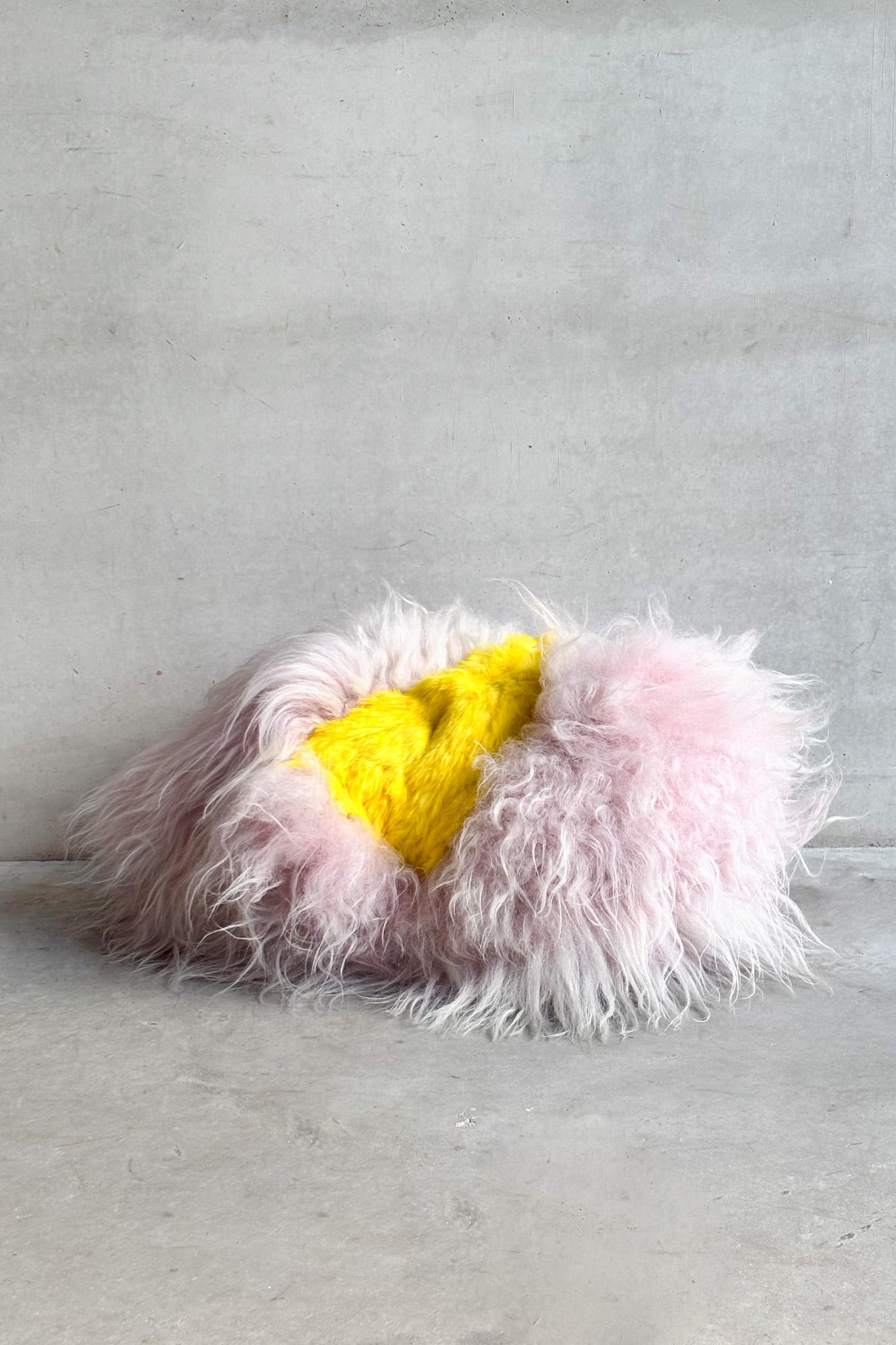 Belgian Custom sheepskin Sculptural by Carine Boxy -- Pink and Yellow cushion For Sale