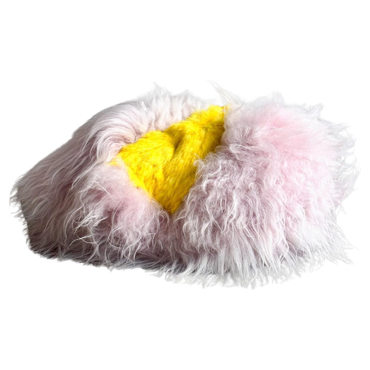 Custom sheepskin Sculptural by Carine Boxy -- Pink and Yellow cushion For Sale