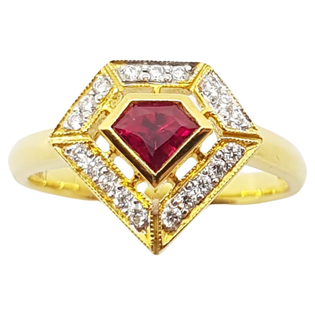 Custom Shield Cut Ruby with Diamond Ring Set in 18 Karat Gold Settings