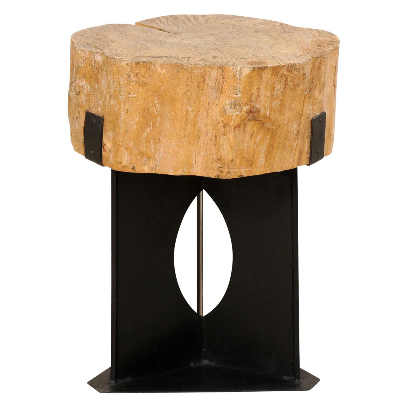 Custom Side/Drinks Table with European Chopping Block Top & Iron Base For Sale