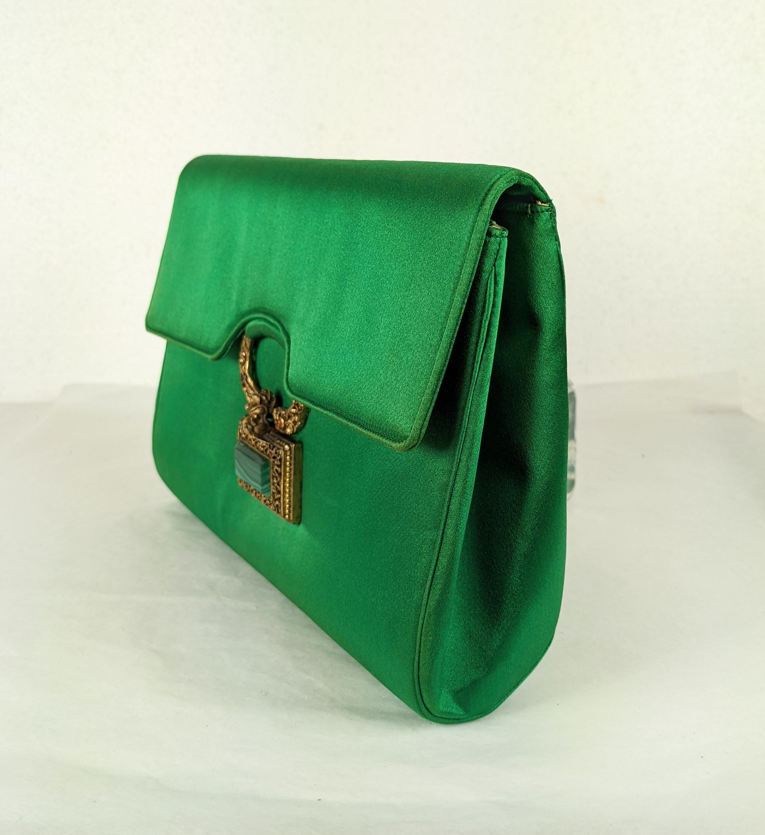 Blue Custom Silk Satin Clutch with Malachite and Coral For Sale