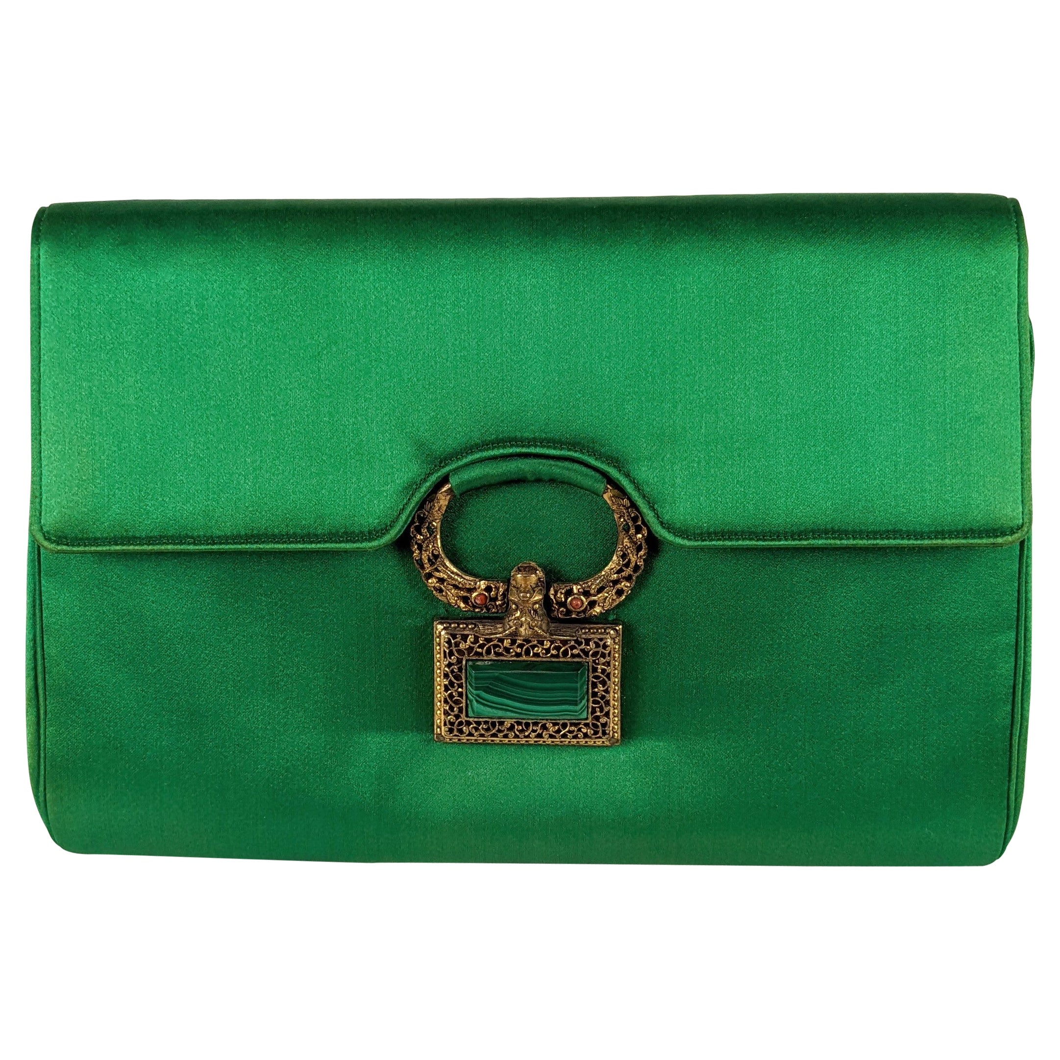 Custom Silk Satin Clutch with Malachite and Coral