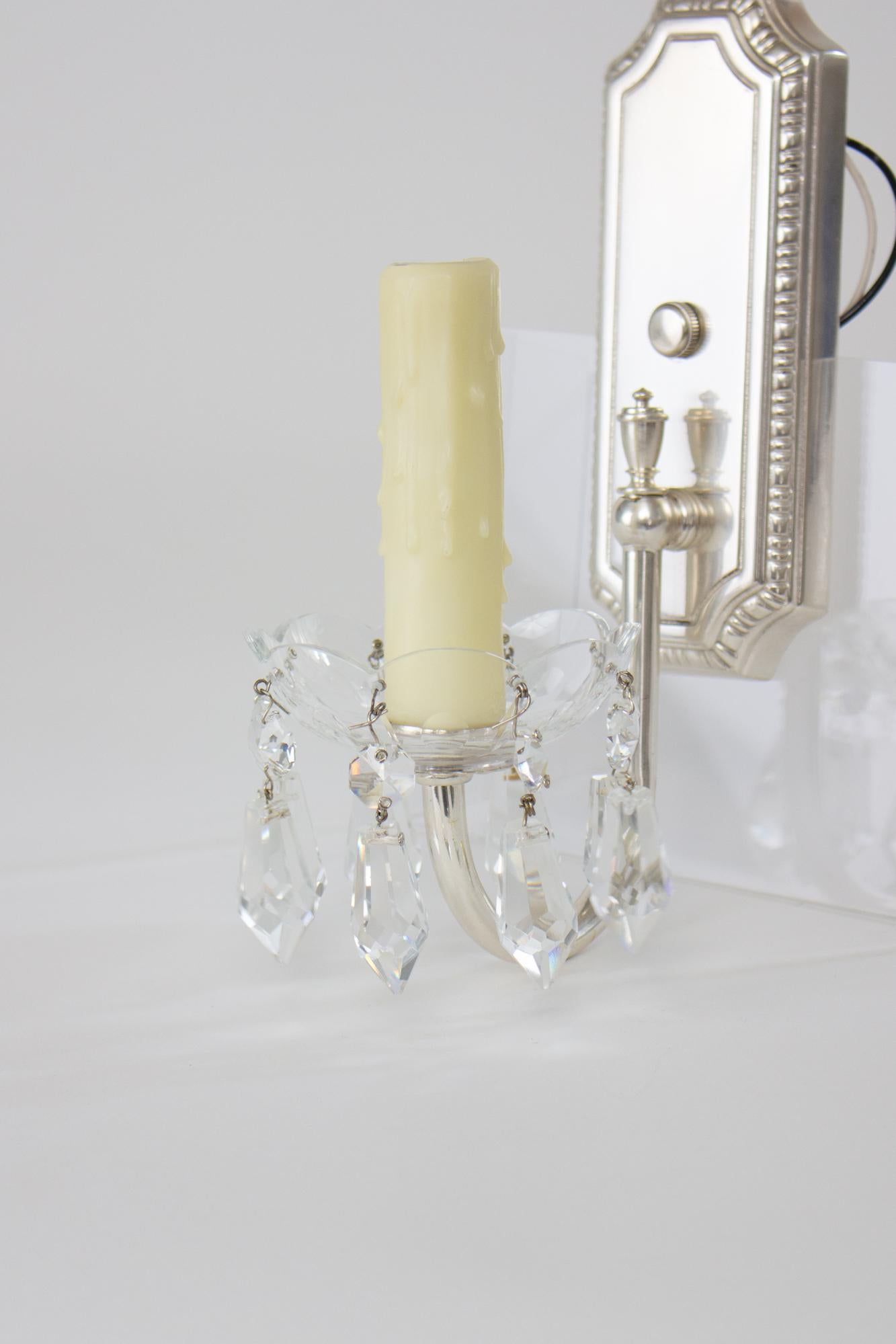 Custom Silver Plate Sconces with Crystals - a Pair For Sale 5