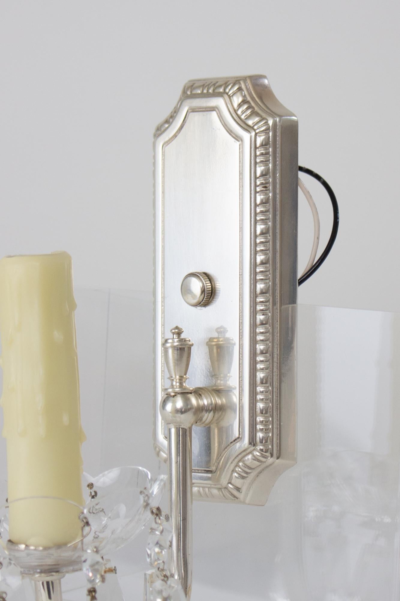 Custom Silver Plate Sconces with Crystals - a Pair For Sale 6