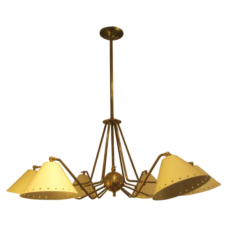 Custom SixLight Brass and Tole Fixture in the Midcentury Manner For